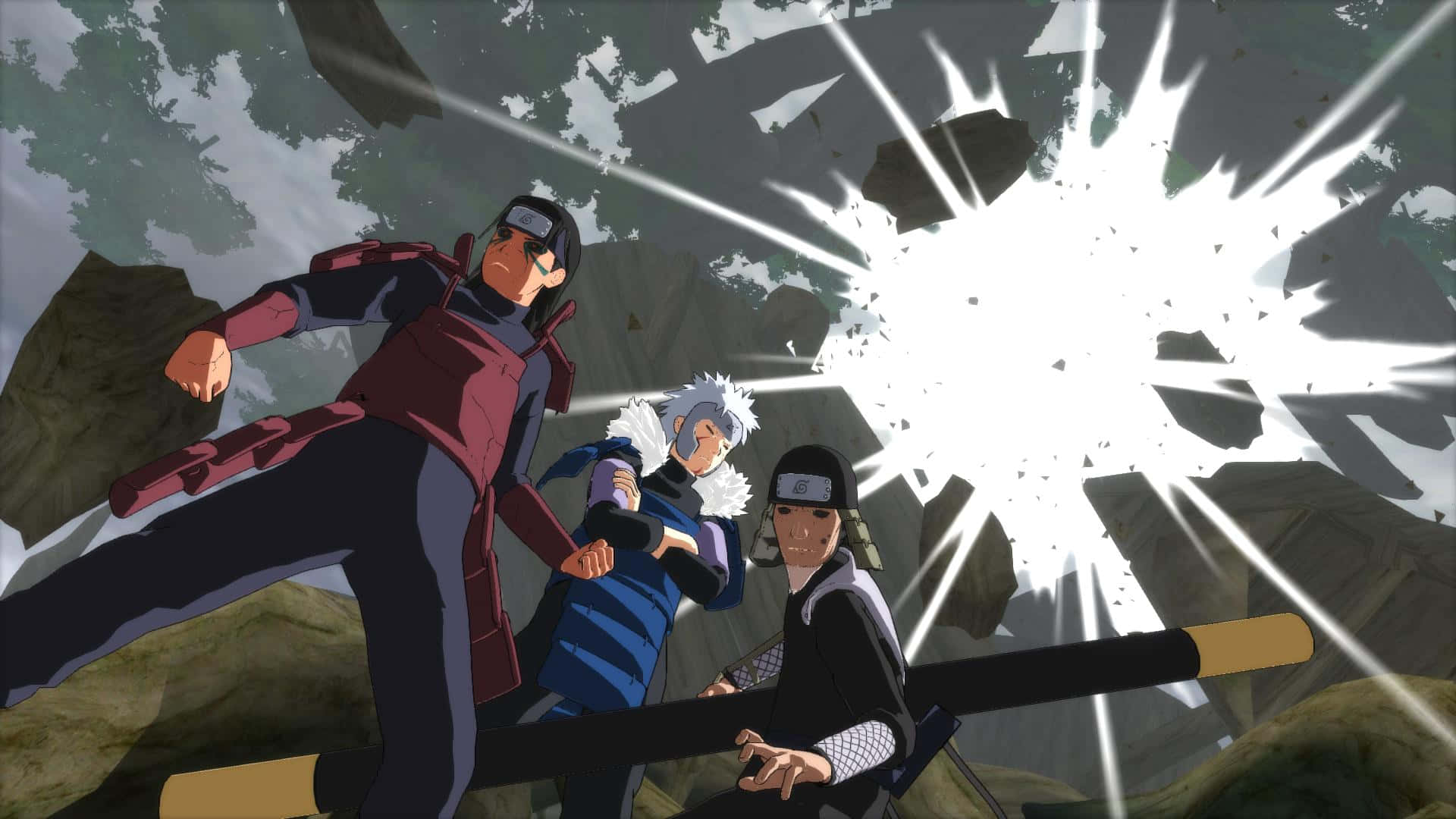 tobirama senju 桌布 壁紙 — 三個忍者角色以動態戰鬥姿勢釋放出強大的能量爆炸，擊碎岩石並使碎片飛散。