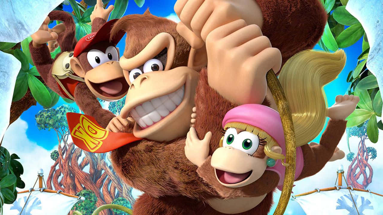 Diddy Kong 桌布 壁紙 — 三個快樂嘅 Donkey Kong 角色以玩味十足嘅能量跳過充滿活力嘅叢林樹冠。