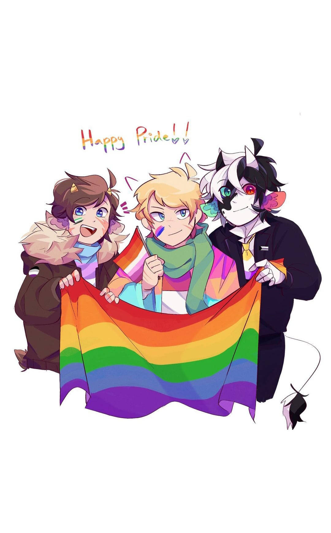 ranboo dsmp 桌布 壁紙 — 三個快樂的動漫角色，擁有動物耳朵和尾巴，在「Happy Pride!」訊息下愉快地舉起彩虹驕傲旗幟。
