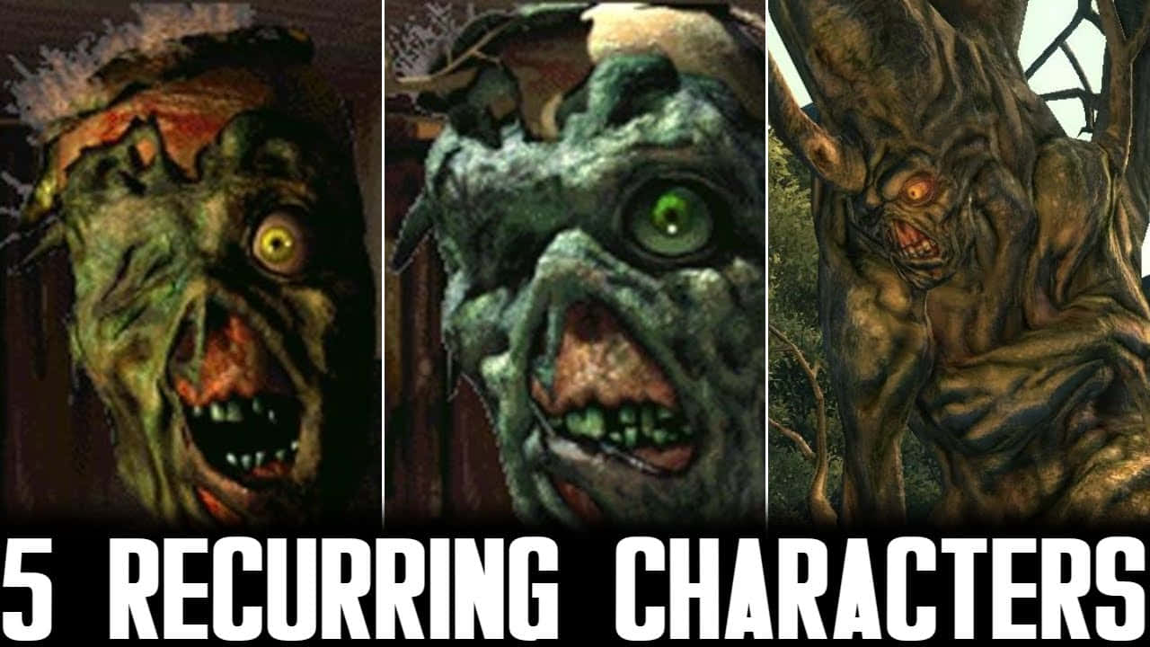 Fallout Characters 桌布 壁紙 — 三個怪誕的恐怖怪物，腐爛的肉體、發光的眼睛和鋒利的牙齒，從黑暗的森林中威脅地凝視著。