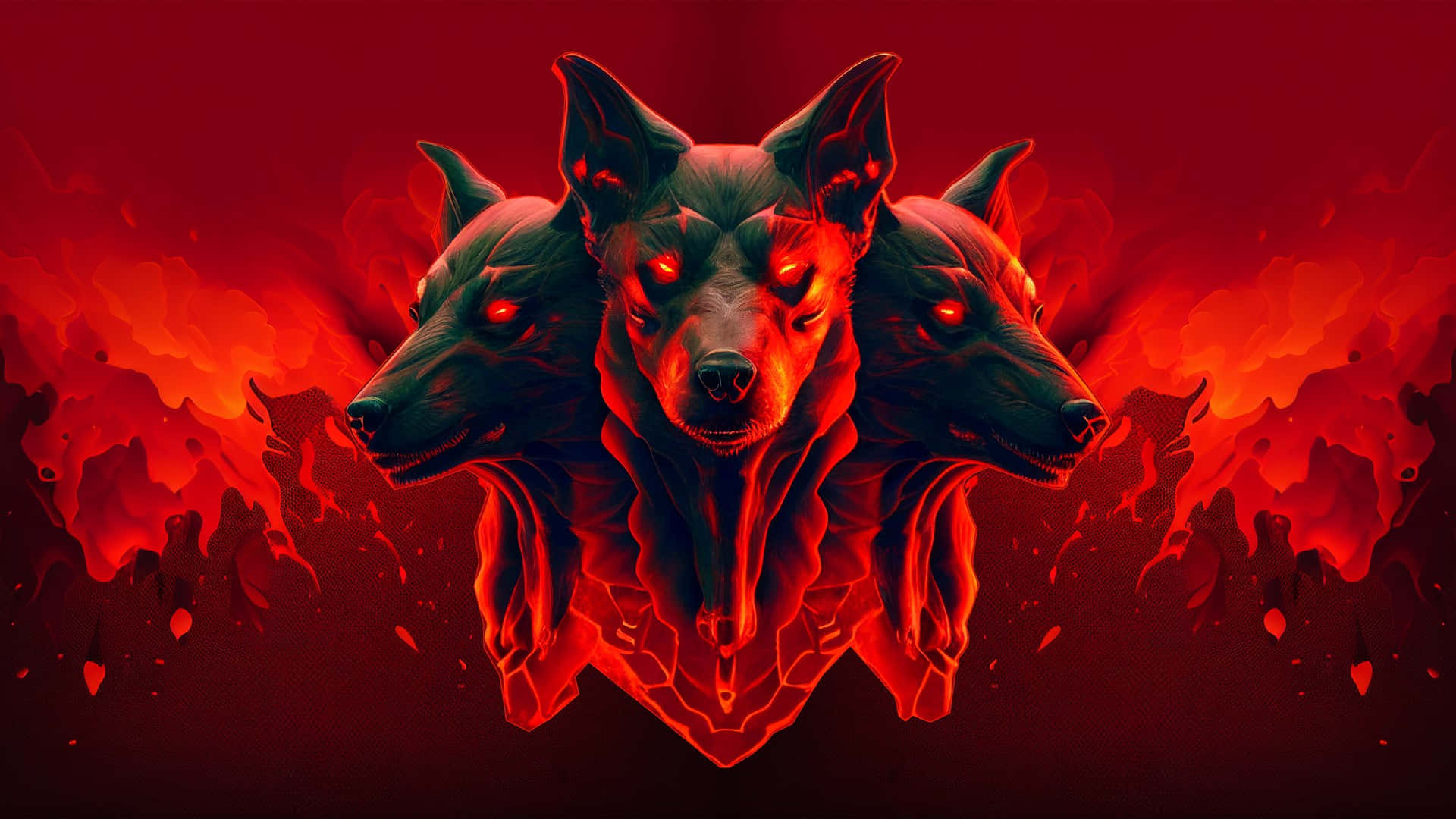 Mythical Wolf 桌布 壁紙 — 三個惡魔狗頭，眼睛發出紅光，從熾熱的紅色火焰中浮現，背景為黑暗。