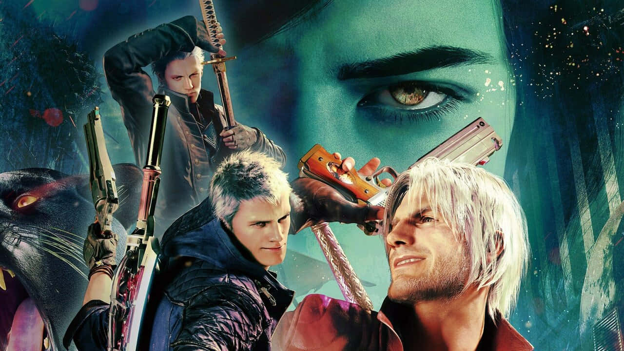 Devil May Cry Characters 桌布 壁紙 — 三個惡魔獵人手持槍和劍，站在一個巨大的綠色眼睛面孔前，處於黑暗奇幻場景中。