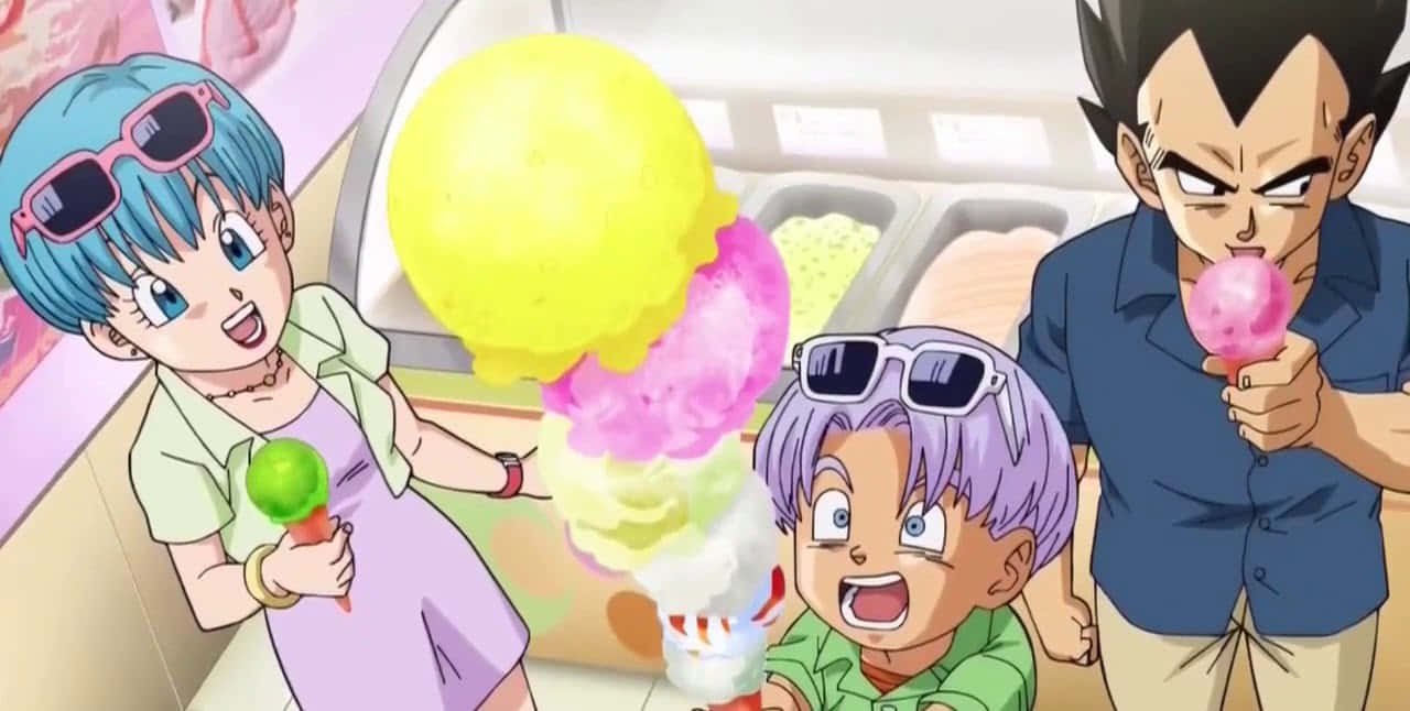 Vegeta's Family 桌布 壁紙 — 三個戴太陽眼鏡的動漫角色在明亮的店鋪裡愉快地吃著色彩繽紛的雪糕。