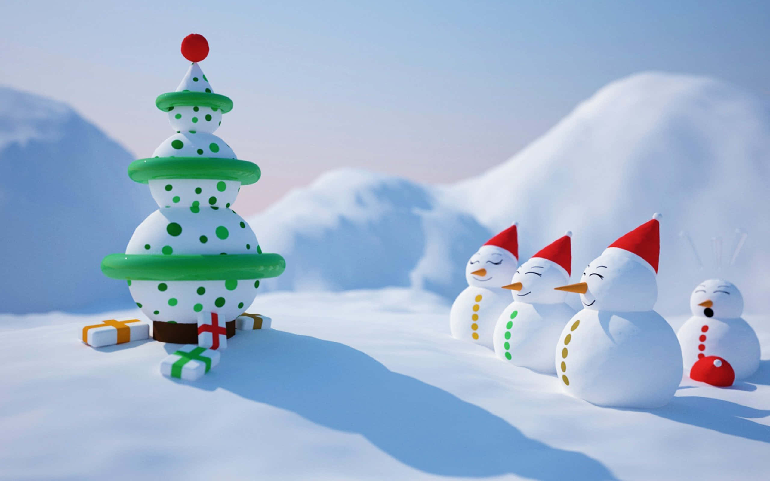 搞笑聖誕gif 桌布 壁紙 — 三個戴紅帽的快樂雪人聚集在一個風格化的綠色和白色聖誕樹附近，樹下有禮物，背景是明亮的雪景。
