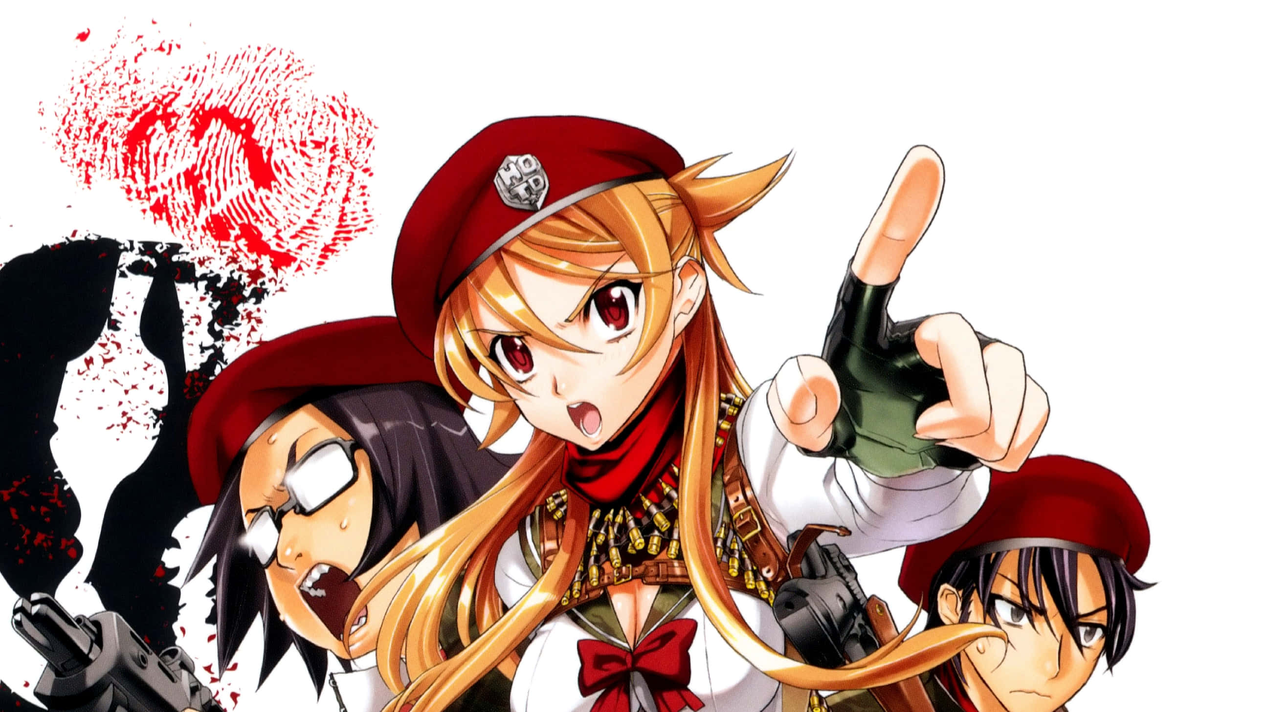 Highschool Of The Dead 桌布 壁紙 — 三個戴紅色貝雷帽的動漫角色，在帶有紅色飛濺的純白背景上，以強烈的表情舉槍指向。