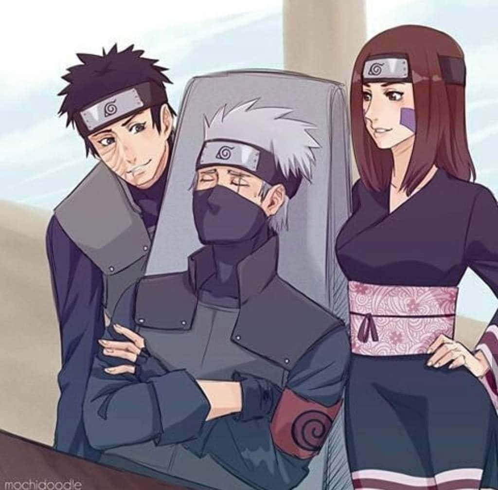 Kakashi And Rin 桌布 壁紙 — 三個戴著木葉頭帶的動漫忍者角色，在柔和天空背景下帶著嚴肅表情一起擺姿勢。