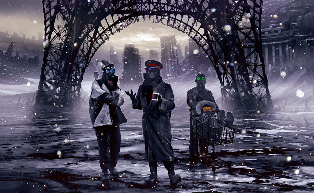 Nuclear Winter 桌布 壁紙 — 三個戴著防毒面具的人物站在一個積雪、廢墟的城市景觀中，下方是一個破碎的拱門，其中一人推著一輛載有乘客的購物車。