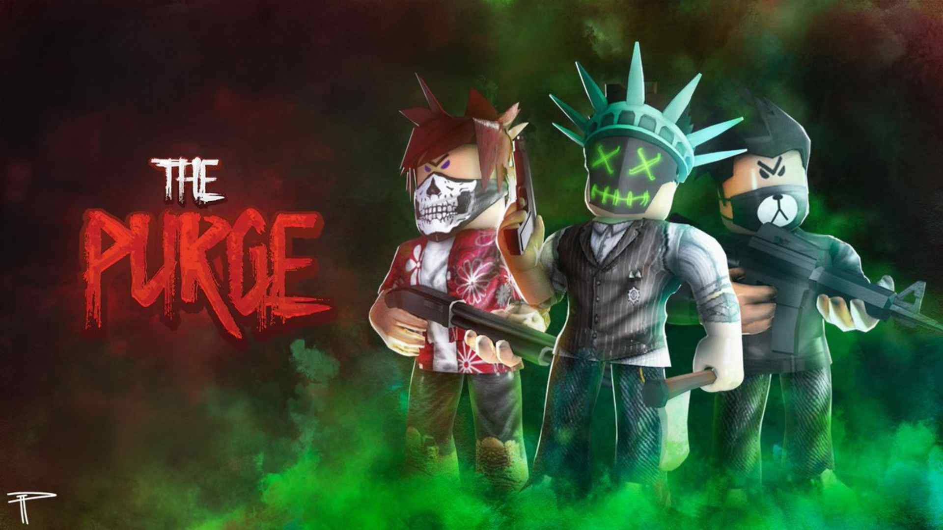 Roblox 桌布 壁紙 — 三個戴著面具和武器的 Roblox 風格角色站在綠色煙霧中，下方有 'THE PURGE' 文字。