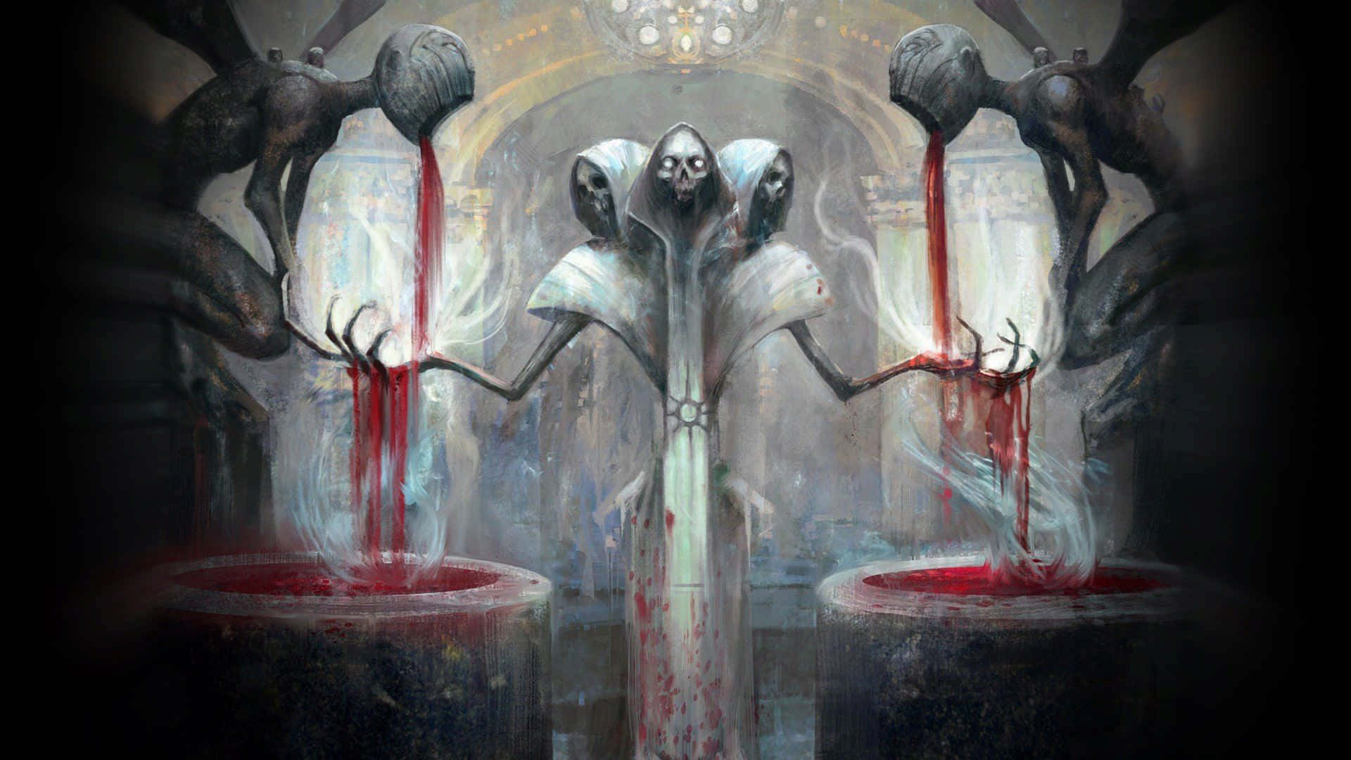 Spooky Art 桌布 壁紙 — 三個戴著頭巾的骷髏人物在哥德式大教堂中，從頭部滴血到下面的石盆中。
