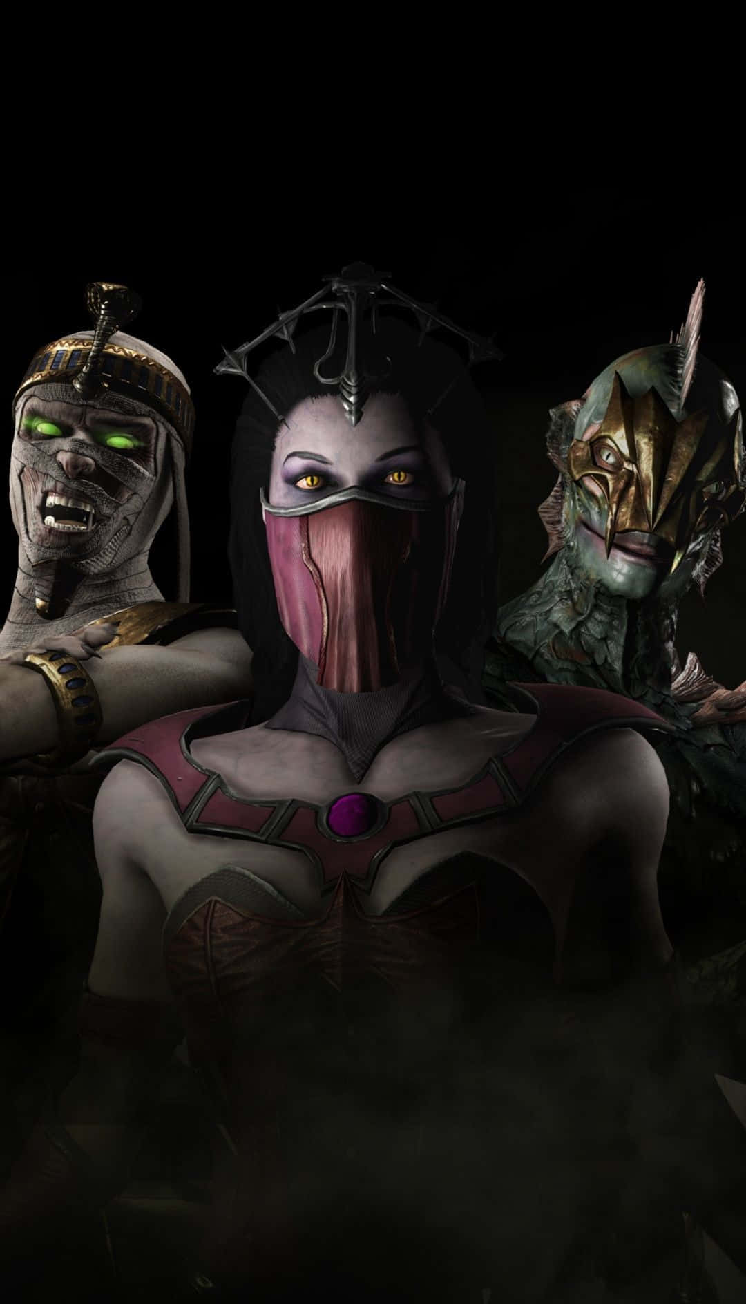 Mortal Kombat Mileena 桌布 壁紙 — 三個戴面具的威脅戰士，眼睛發光，站在黑色背景的暗煙中。