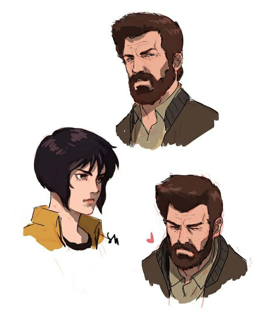 Ghost In The Shell Ishikawa 桌布 壁紙 — 三個插圖角色半身像，表情強烈，頭髮和鬍鬚細節豐富，背景為純白色。