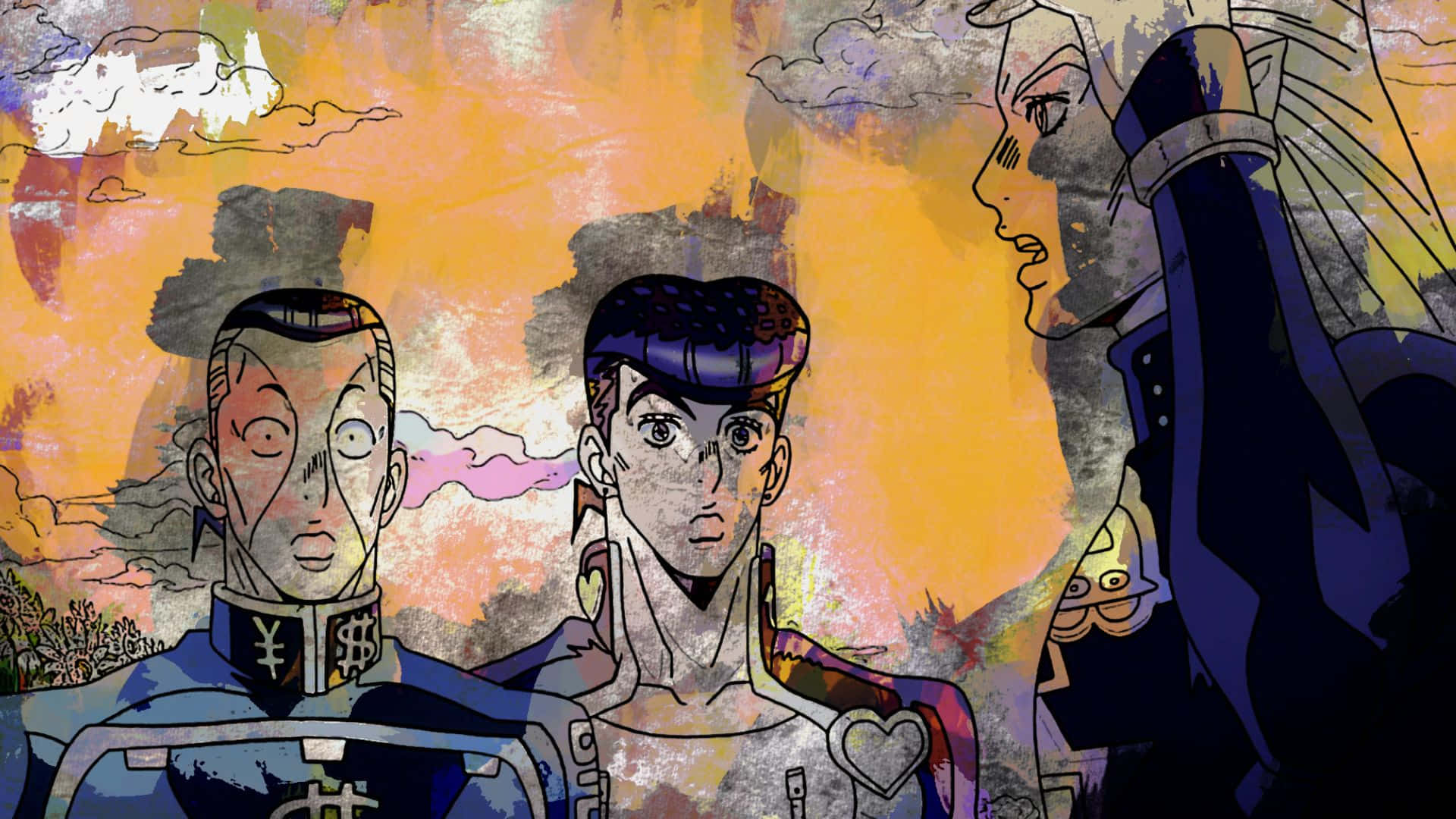 Okuyasu Nijimura 桌布 壁紙 — 三個擁有不同髮型和服裝的動漫角色，站在橙色、粉紅色和灰色雲朵的鮮明紋理背景前。