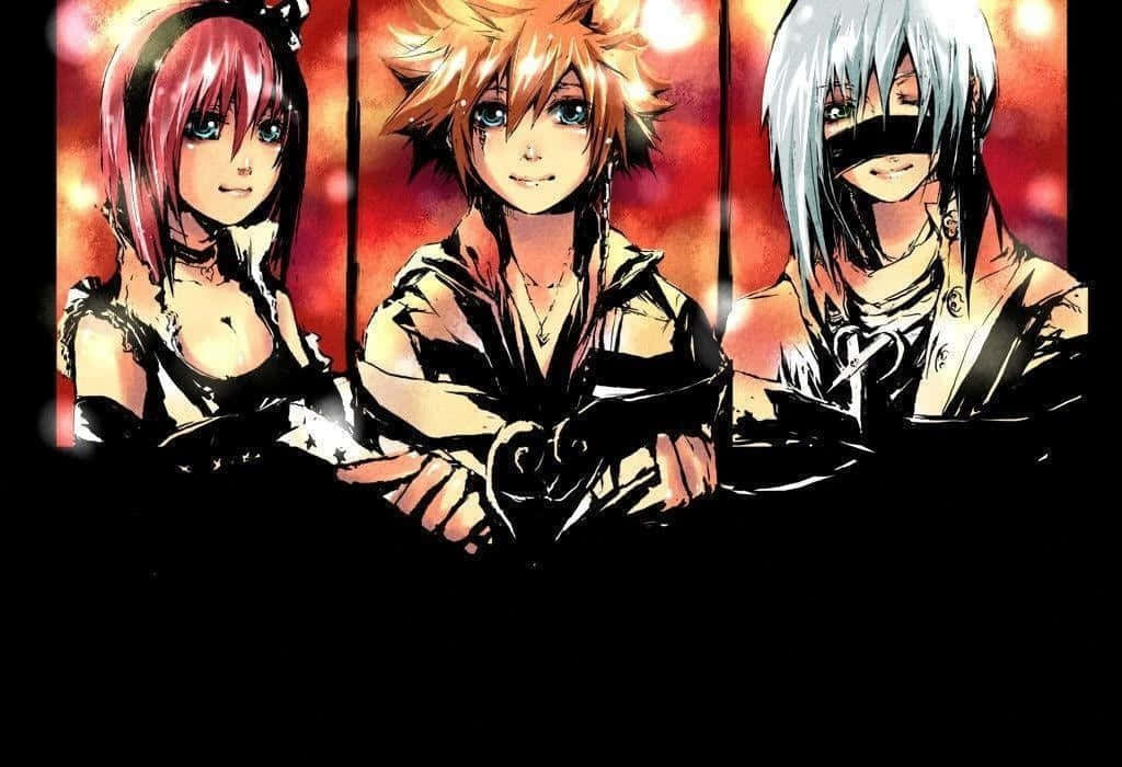 Kingdom Hearts Riku 桌布 壁紙 — 三個擁有不同髮色和服裝的動漫角色站在帶有發光球體的熾熱橙色背景前。