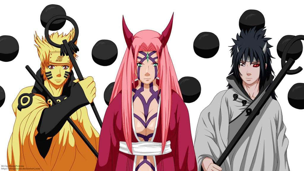 Sage Of Six Paths 桌布 壁紙 — 三個擁有不同髮色和武器的動漫角色站在白色背景前，周圍漂浮著黑色球體。