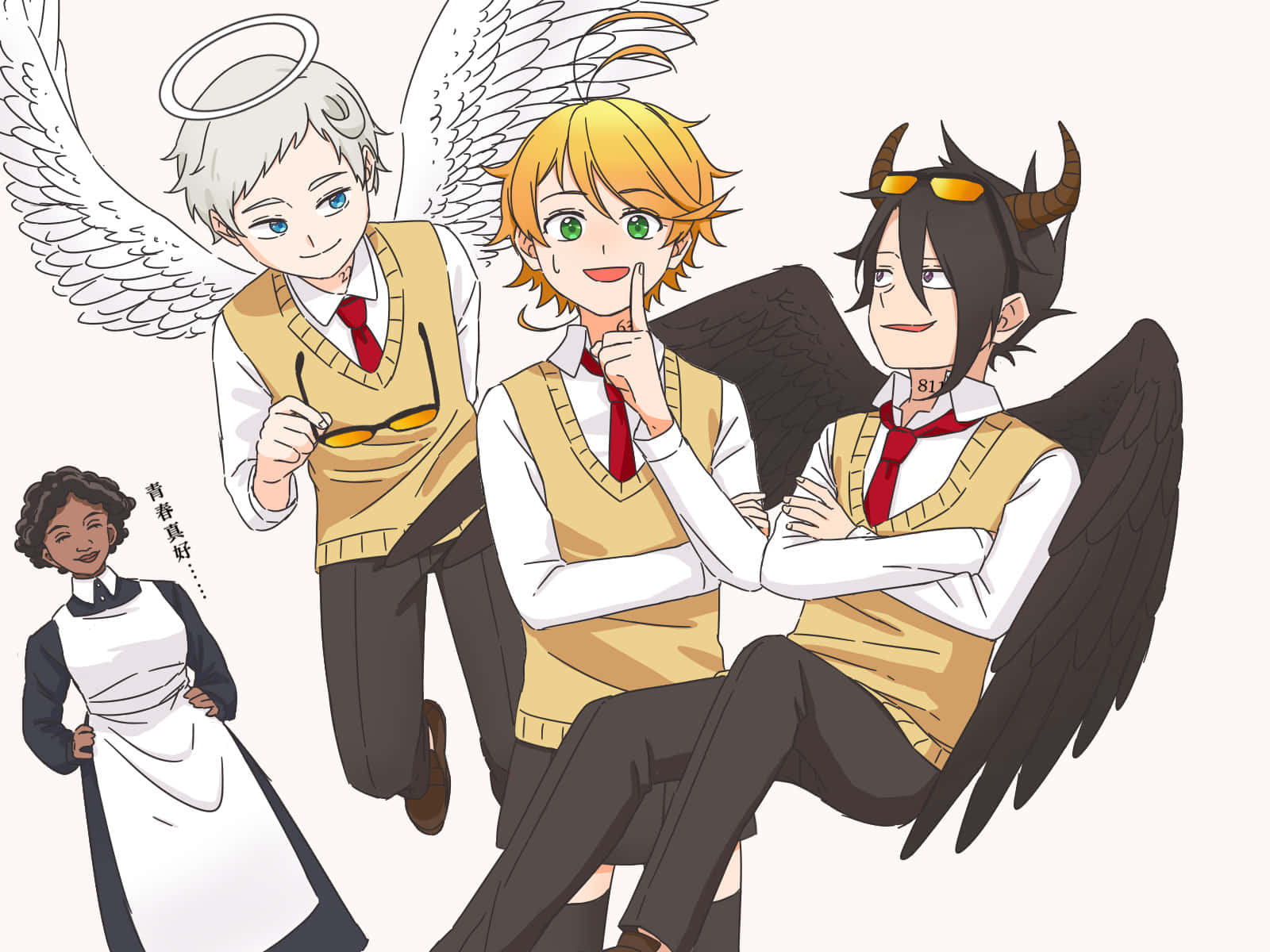 The Promised Neverland Krone 桌布 壁紙 — 三個擁有天使與惡魔翅膀的動漫角色穿著校服，在角落與微笑的女僕愉快地擺姿勢。