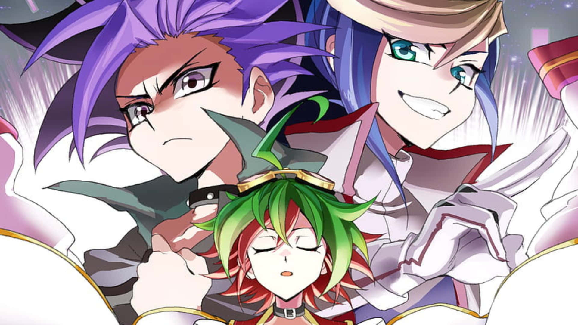Yu-gi-oh Yuto 桌布 壁紙 — 三個擁有鮮豔髮色和表情豐富的動漫角色，在閃爍的宇宙背景下動態擺姿勢。