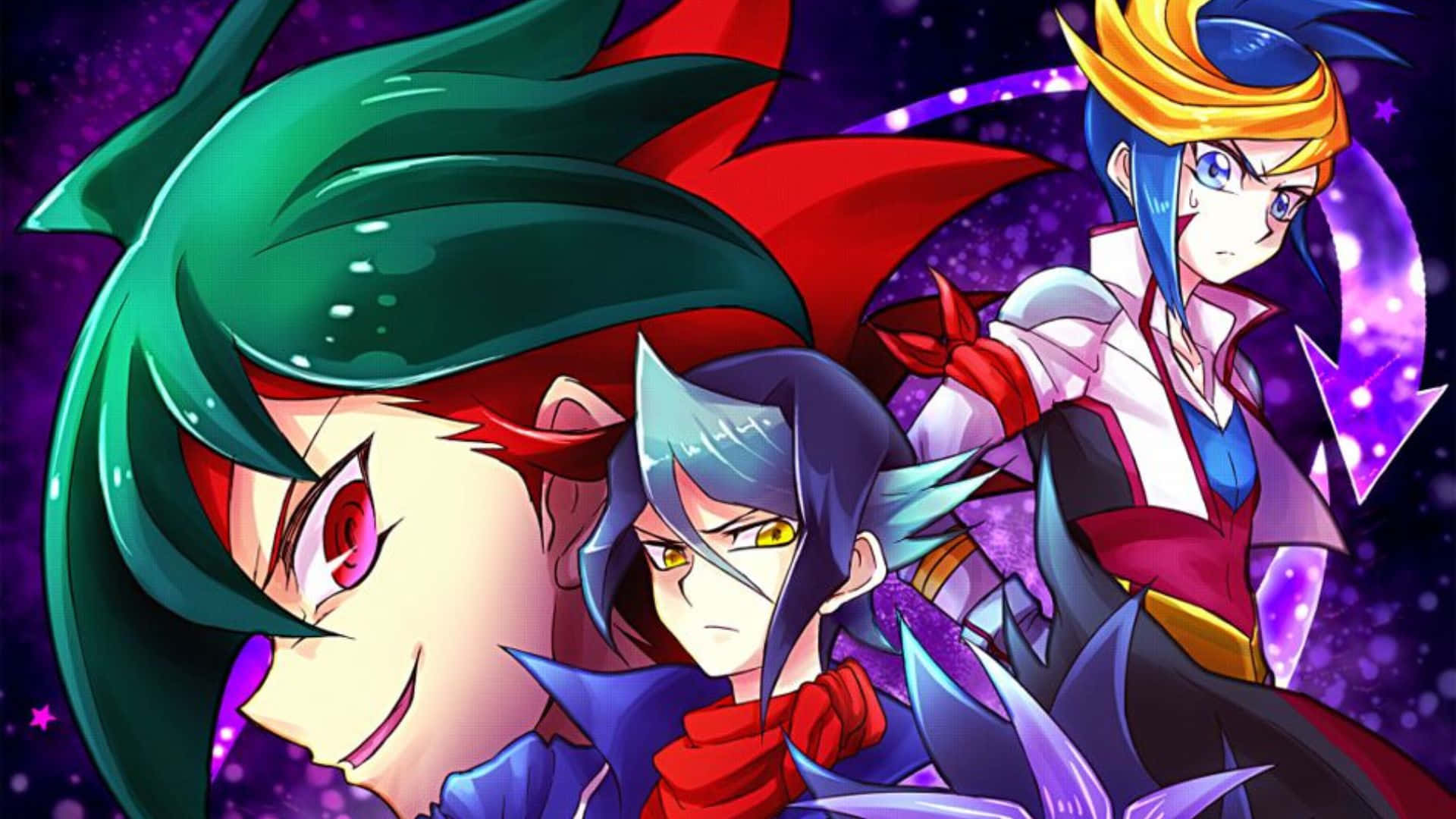 Yu-gi-oh Yugo 桌布 壁紙 — 三個擁有鮮豔髮色和銳利表情的動漫角色，站在閃爍的紫色宇宙背景前。