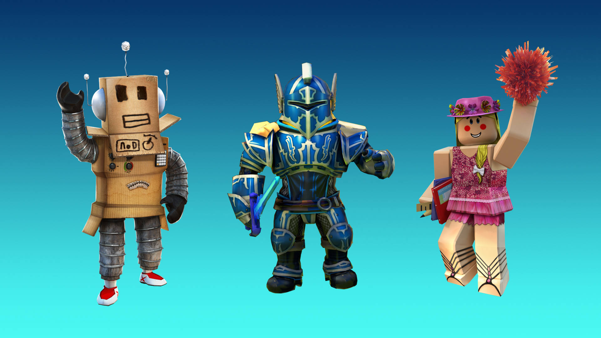 Roblox 桌布 壁紙 — 三個方塊風格的 Roblox 頭像並排站在漸變藍色背景前：一個紙板機械人在揮手，一個身穿盔甲的騎士手持劍，還有一個啦啦隊員拿著彩球。