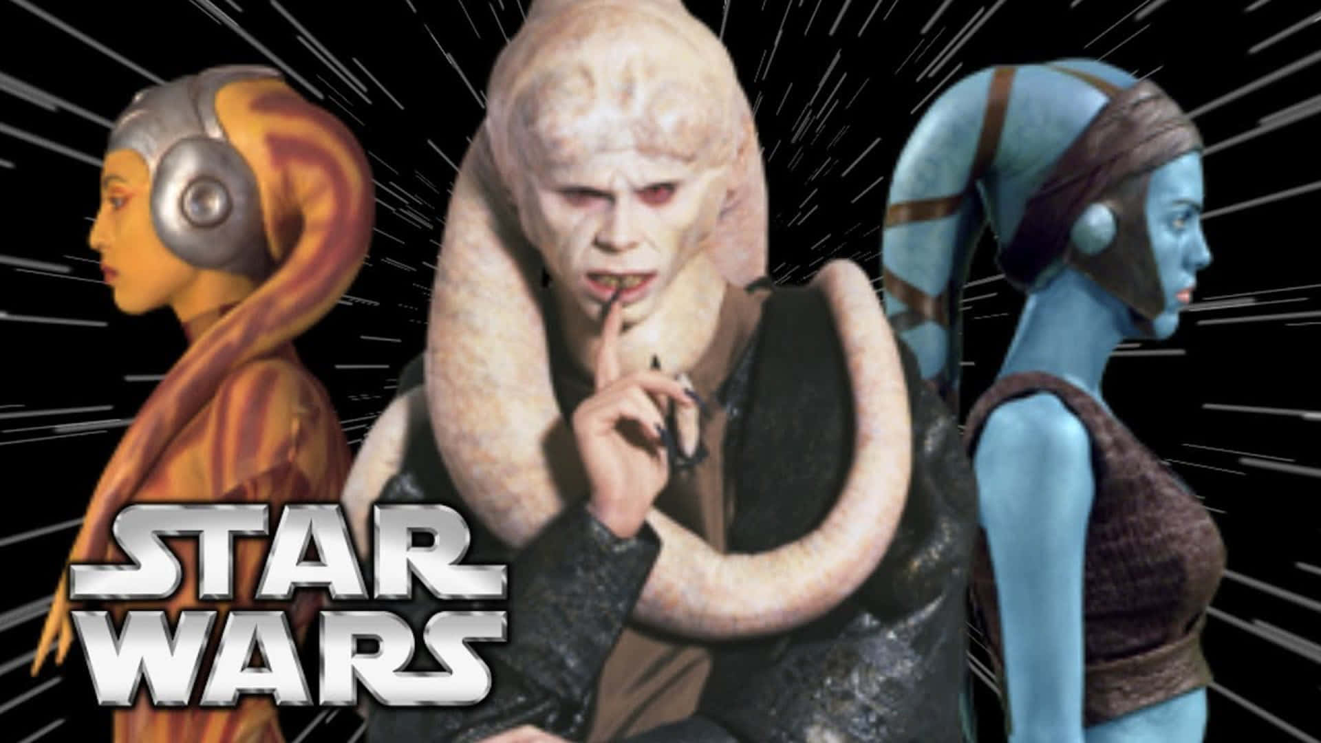 Twi'lek 桌布 壁紙 — 三個星球大戰外星角色在黑色背景上擺姿勢，帶有白色速度線和星球大戰標誌。