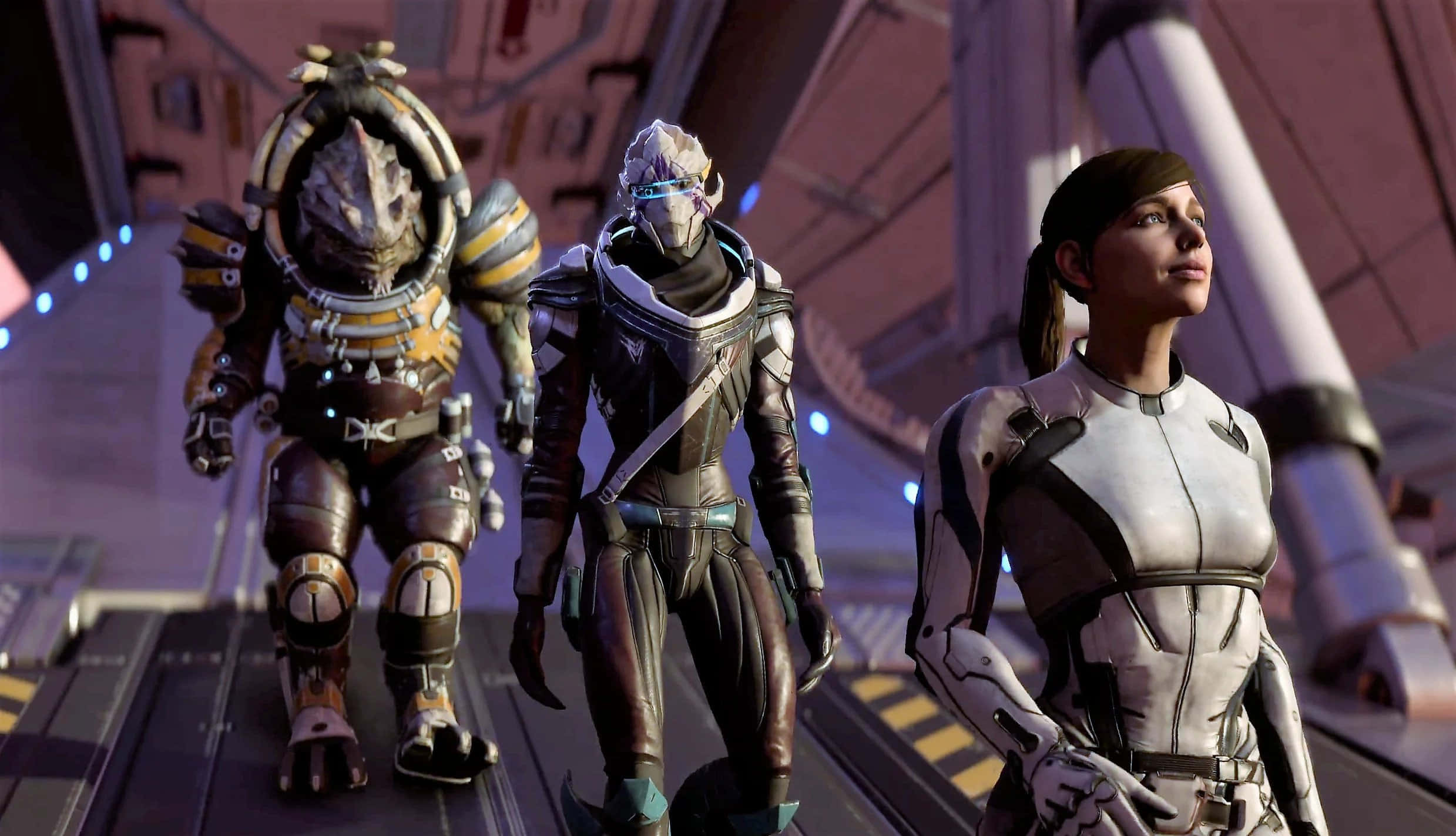 Mass Effect Characters 桌布 壁紙 — 三個未來風格的裝甲人物站在一條科幻走廊中，有發光的藍色燈光和金屬牆壁。