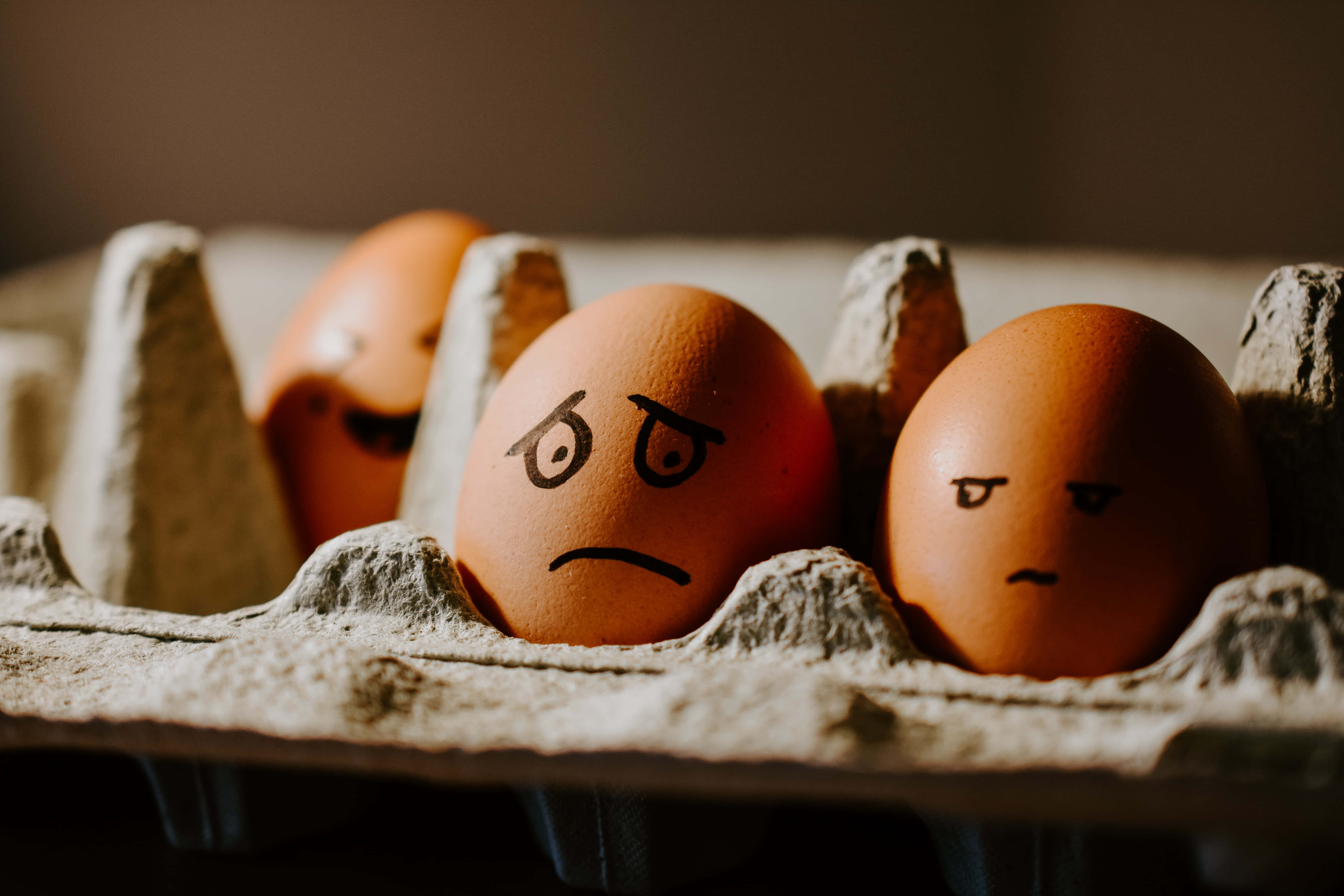 Brown Eggs 桌布 壁紙 — 三個棕色雞蛋放在紙板托盤上，每個都畫有憤怒的表情，眉頭緊皺，嘴角下垂。