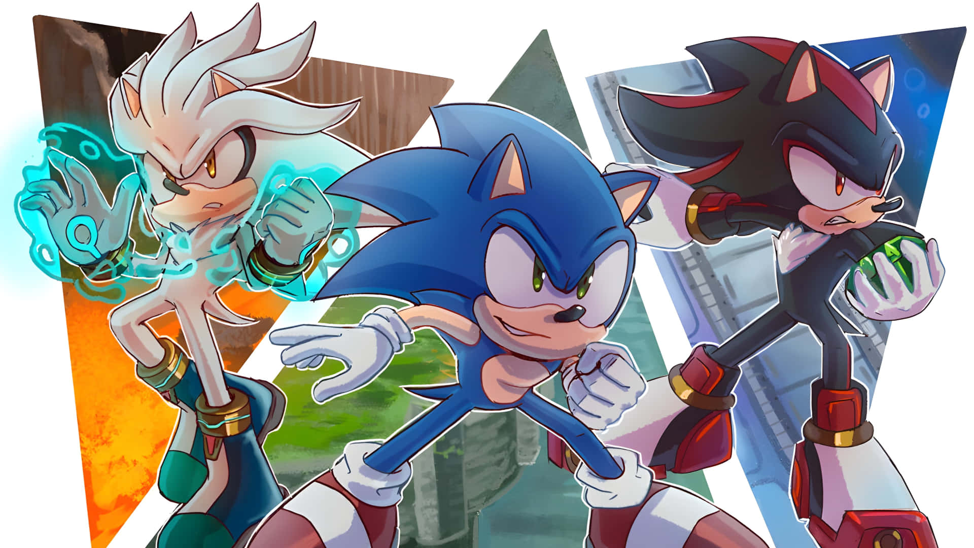 Sonic Adventure HD 桌布 壁紙 — 三個標誌性刺蝟角色以動態姿勢展現，帶有發光能量效果，背景為色彩繽紛的幾何圖案。