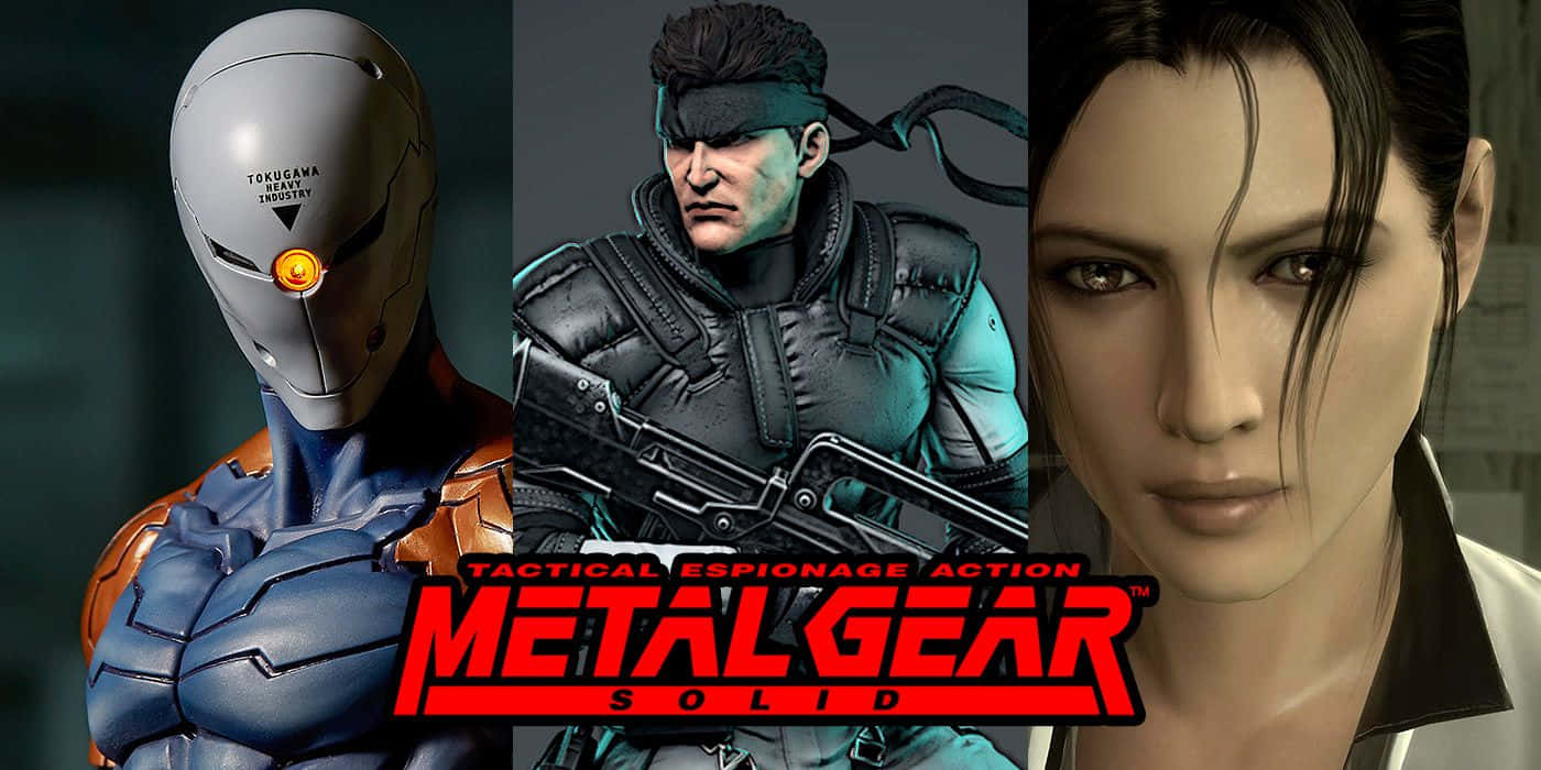 合金装备 桌布 壁紙 — 三個標誌性的《Metal Gear Solid》角色，身穿戰術裝備，眼睛發光，表情嚴肅。