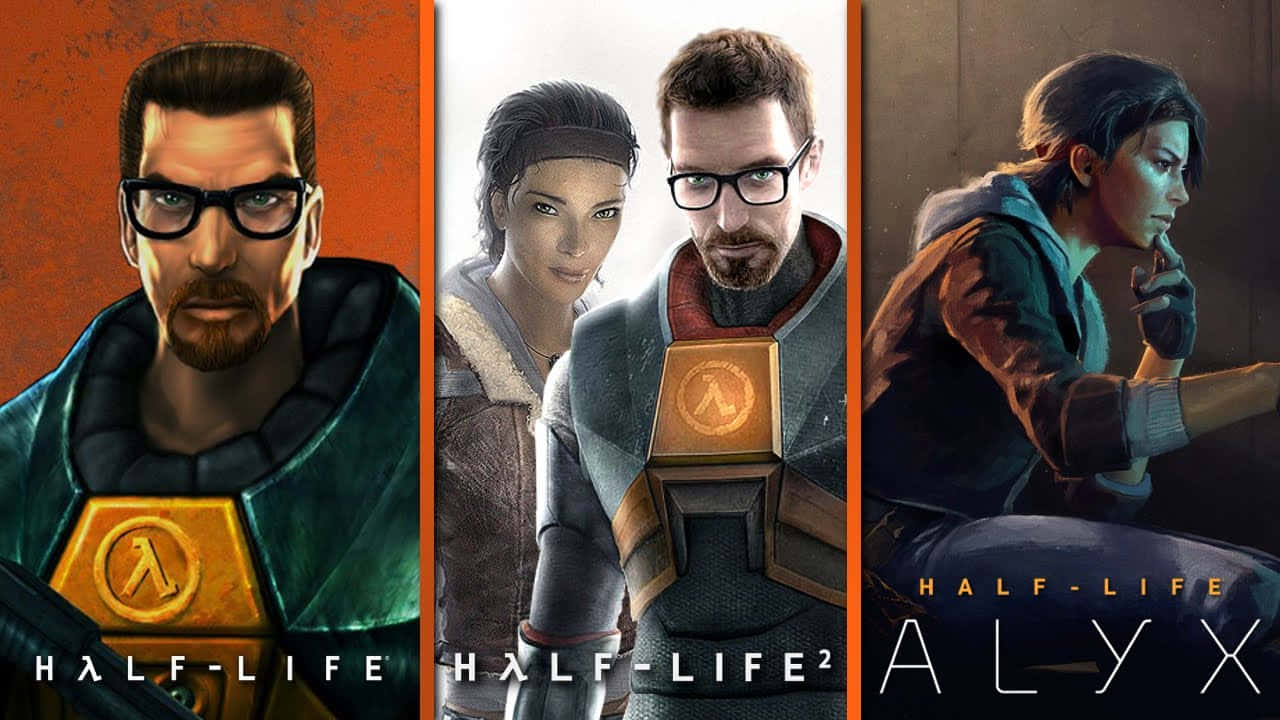 Half-life Characters 桌布 壁紙 — 三個標誌性的Half-Life角色，以不同的遊戲藝術風格呈現，背景為鮮豔的橙色和柔和的色調。