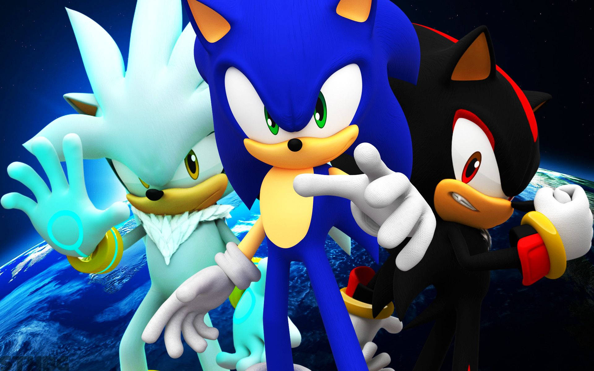 Shadow The Hedgehog 桌布 壁紙 — 三個標誌性的刺蝟角色在宇宙背景下動態擺姿勢，地球在下方可見。