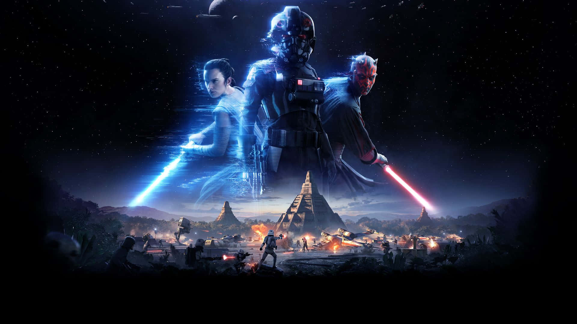Star Wars Games 桌布 壁紙 — 三個標誌性的星戰角色站在星空下的戰場上，發光的光劍照亮了場景。