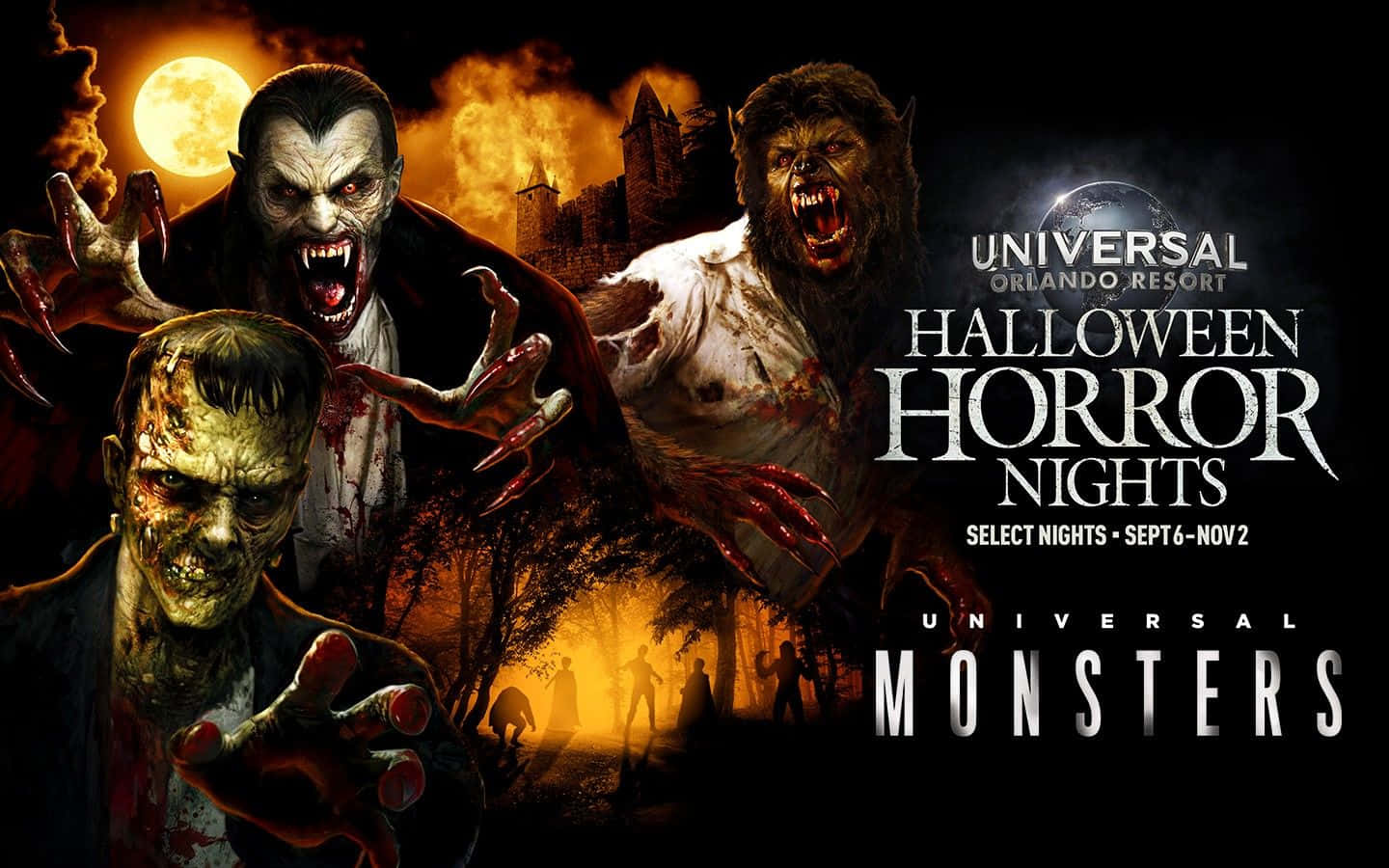 Monster Movies 桌布 壁紙 — 三個標誌性的環球怪物—吸血鬼、狼人和殭屍—在發光的滿月下，以鬼魅城堡為背景，威脅性地逼近。
