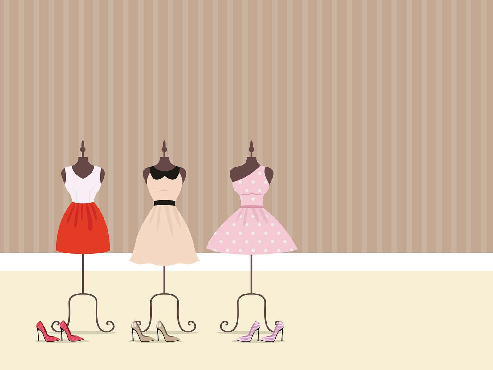 Clothing Design 桌布 壁紙 — 三個模特兒人形展示復古連衣裙和相配的高跟鞋，背景是條紋牆紙。