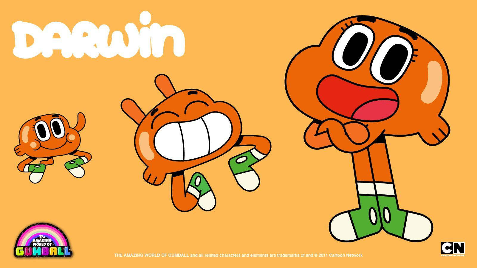 Gumball Darwin Watterson 壁紙 — 三個橙色卡通角色，有大眼睛和綠色鞋子，在純橙色背景前快樂地擺姿勢。