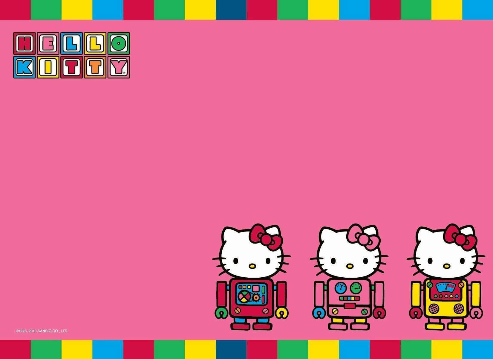 可愛少女風gif 桌布 壁紙 — 三個機械人主題的Hello Kitty角色排成一排，背景是明亮的粉紅色，帶有彩色條紋邊框。