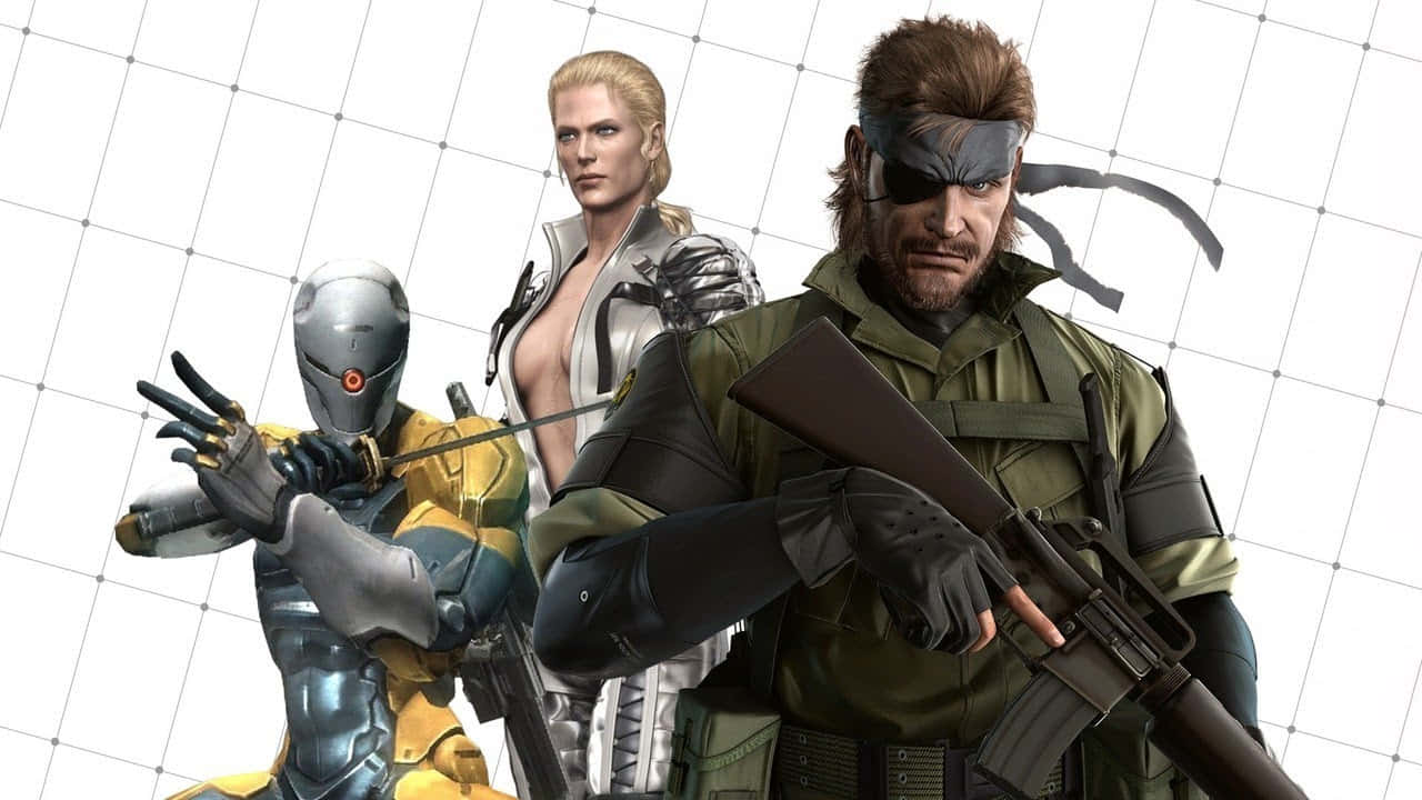 Metal Gear Solid Characters 桌布 壁紙 — 三個武裝的電子遊戲角色站在白色網格背景前，表情嚴肅。