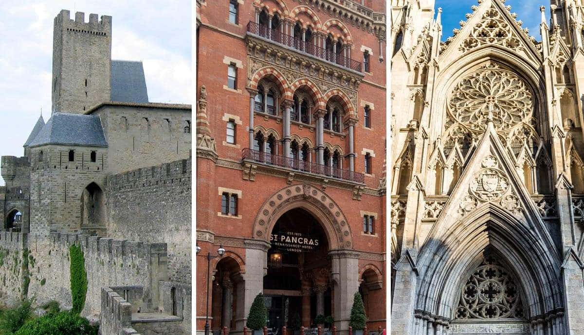 Gothic Architecture 桌布 壁紙 — 三個歷史建築地標：石城堡塔、紅磚火車站和帶有玫瑰窗的哥德式大教堂立面。