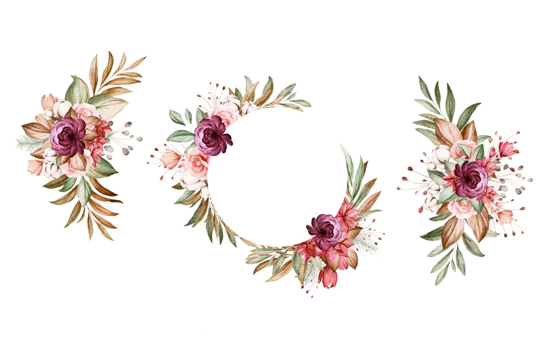 Floral Wreath 桌布 壁紙 — 三個水彩花卉佈置，以柔和的粉紅色、紫色和綠色組成，包括一個花環和兩個花束，襯以潔白背景。