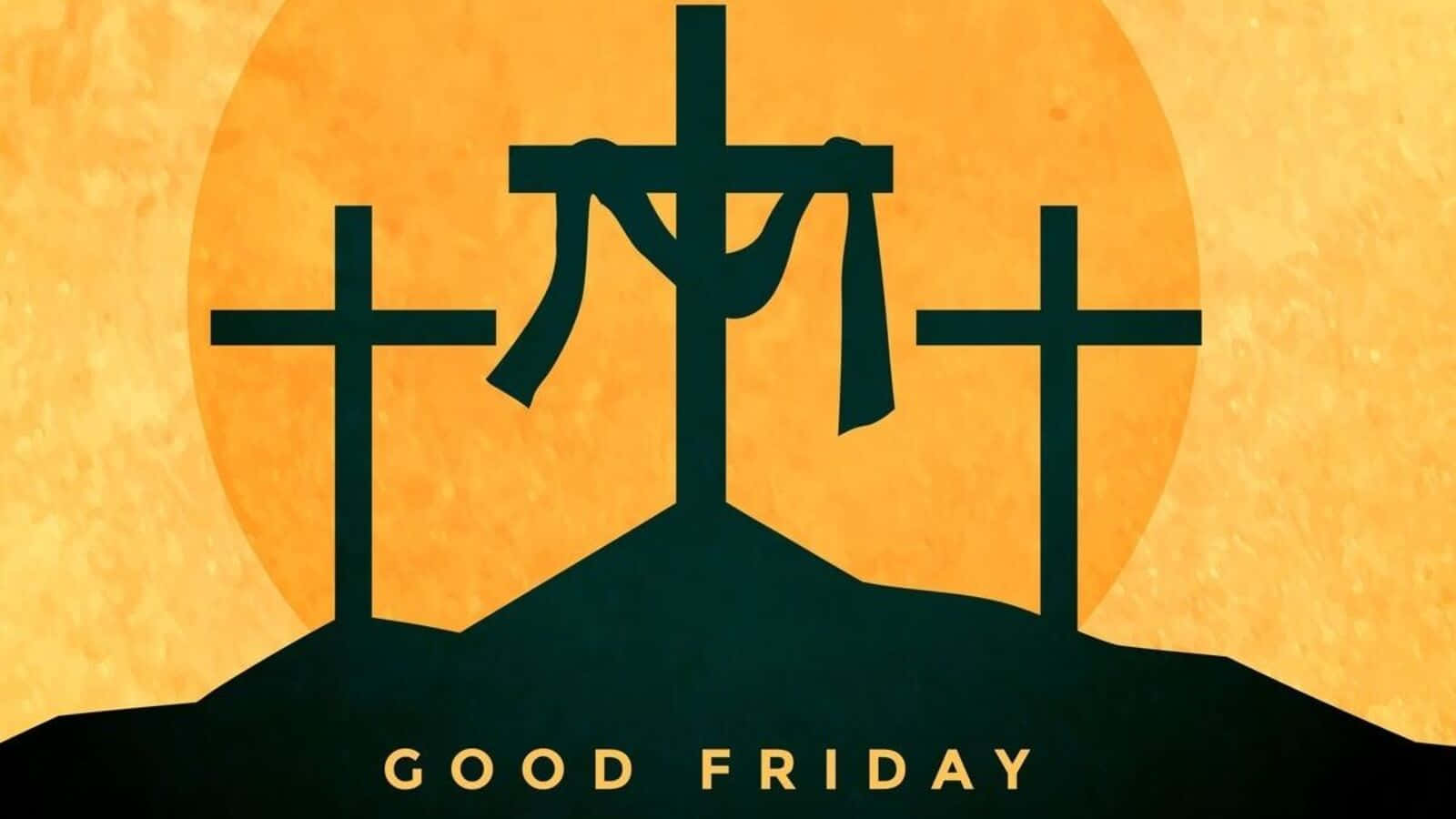 耶穌受難日 桌布 壁紙 — 三個深色十字架矗立在山丘上，背景是帶有紋理的金色太陽，中央十字架披著布，文字寫著「受難節」。