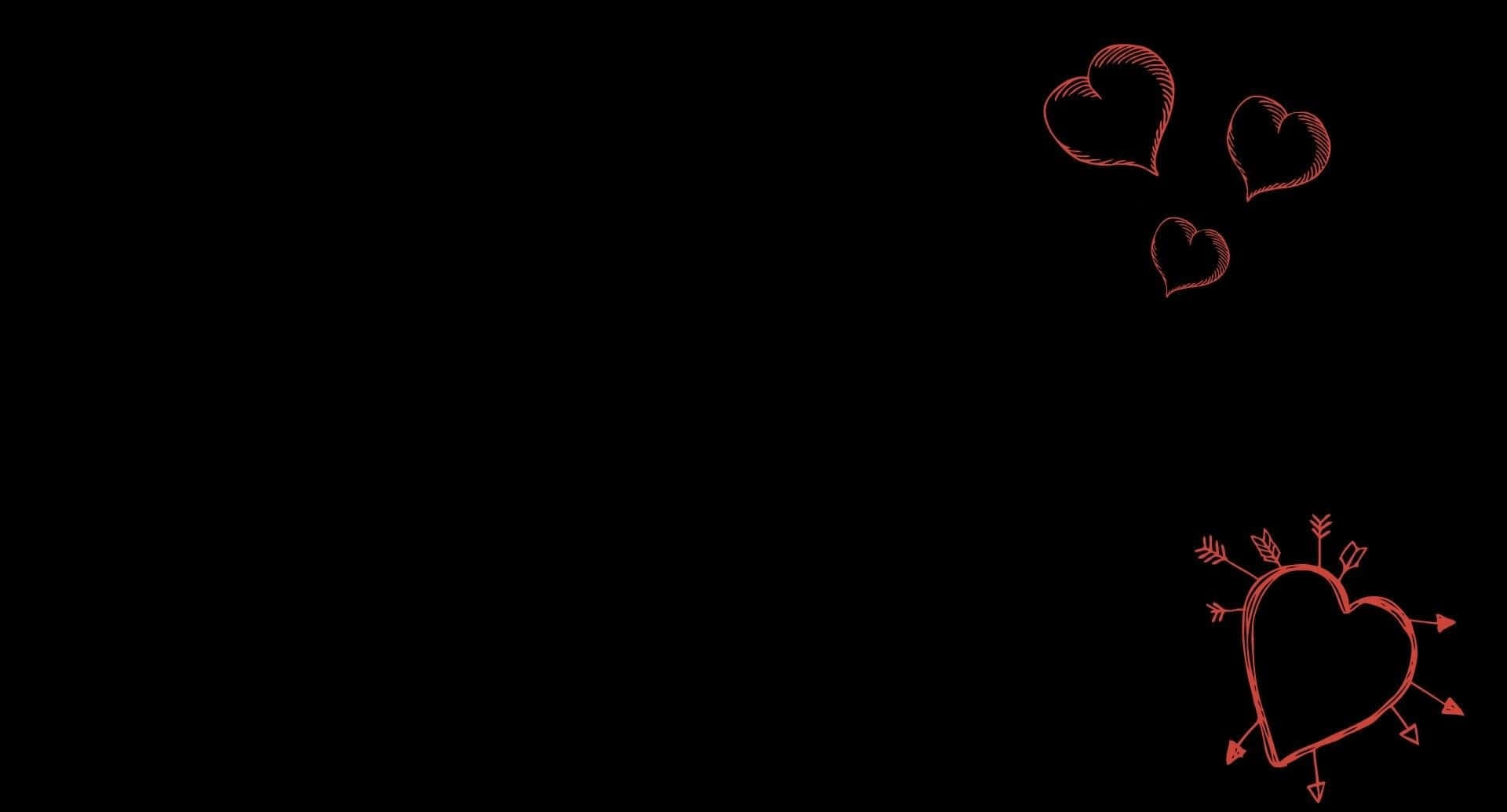 Broken Heart Black 桌布 壁紙 — 三個漂浮的紅色心形和一個被箭射穿的心形，以紅色線條在黑色背景上勾勒。