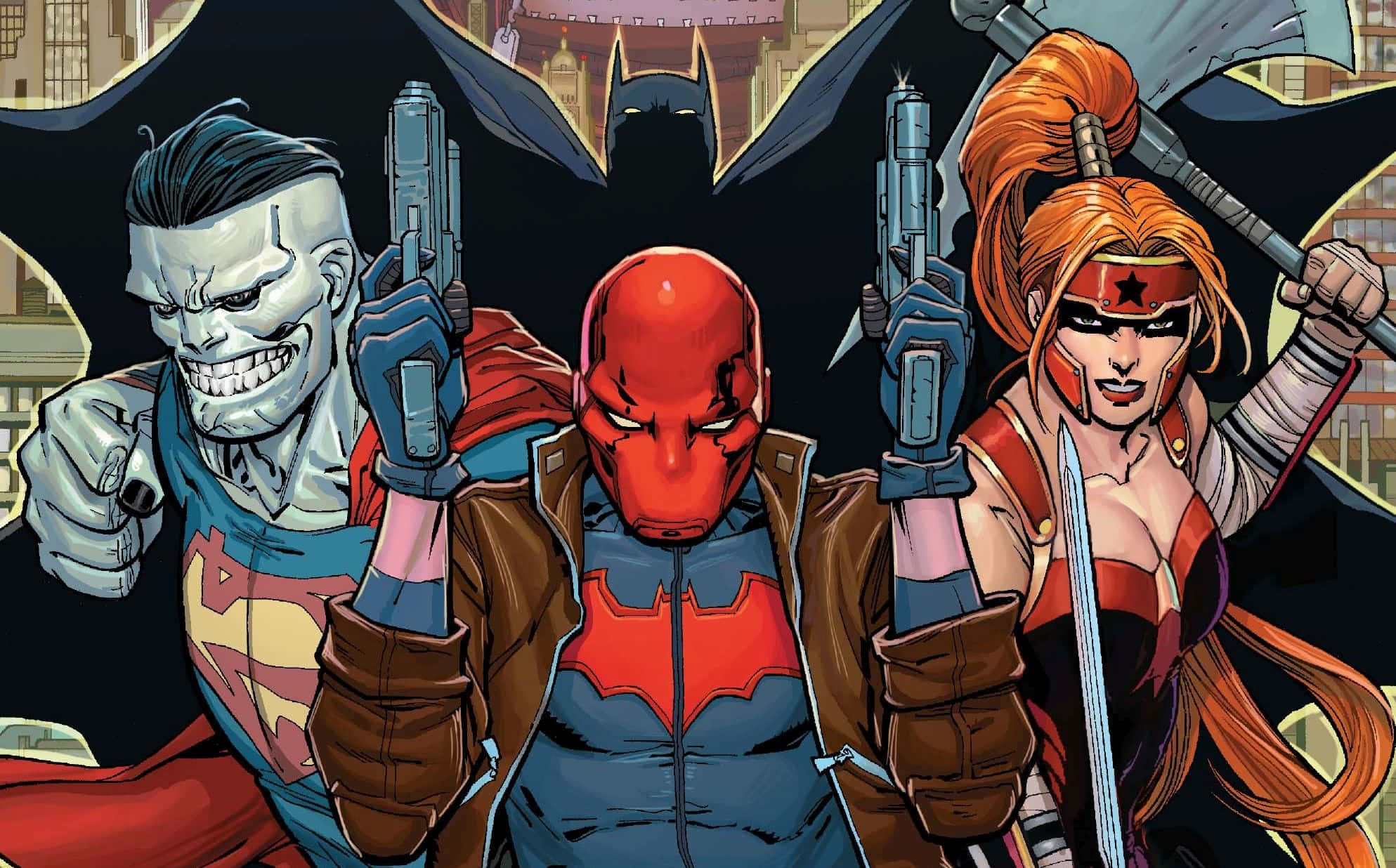 Red Hood 桌布 壁紙 — 三個漫畫反派在都市景觀中威嚇地站立，蝙蝠俠的剪影在他們身後隱約出現。