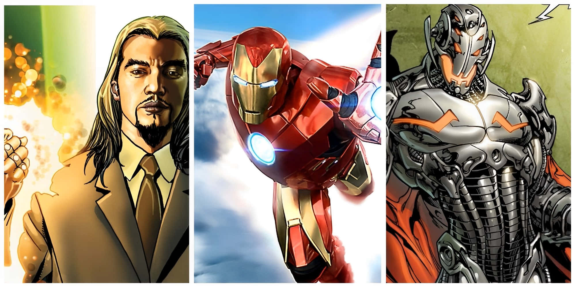 Iron Man Villains 桌布 壁紙 — 三個漫畫英雄：一個穿著西裝、散發光芒能量的男人，飛行的鐵甲奇俠，以及一個身穿盔甲的機械戰士。