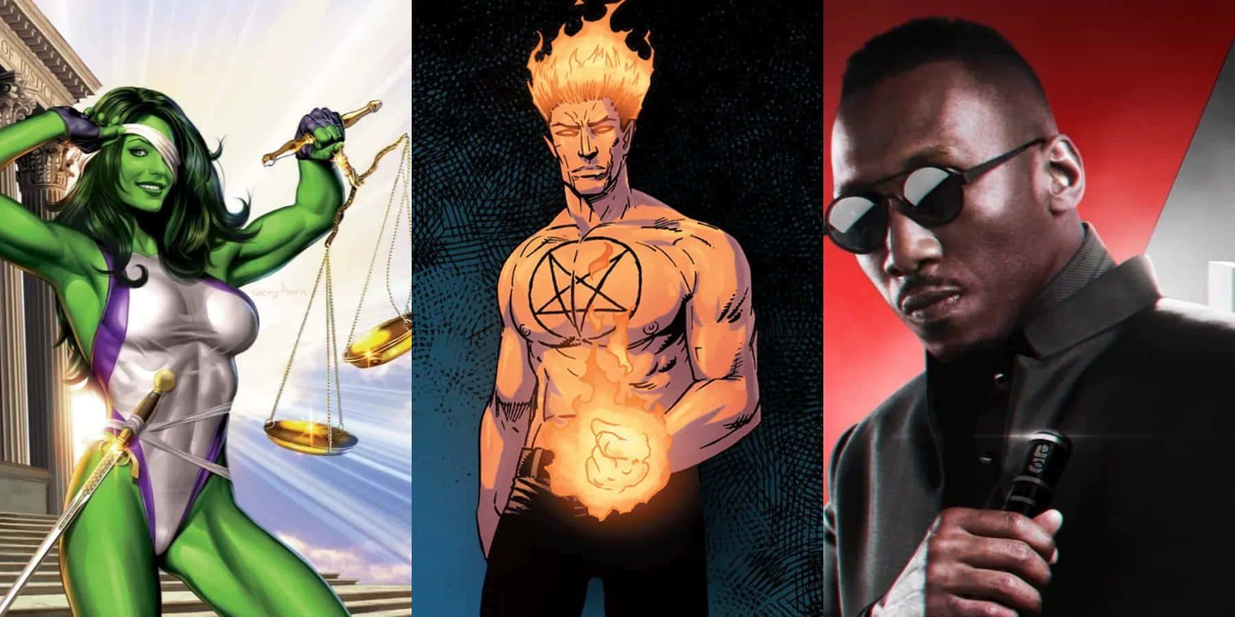 Mcu Characters 桌布 壁紙 — 三個漫畫角色：She-Hulk 拿著天秤，一個帶有五角星的火焰男人，以及一個戴太陽眼鏡拿著咪高峰的男人。