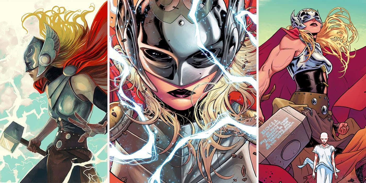 Jane Foster 桌布 壁紙 — 三個漫畫面板顯示托爾揮舞著錘子，周圍環繞著閃電和動態姿勢。