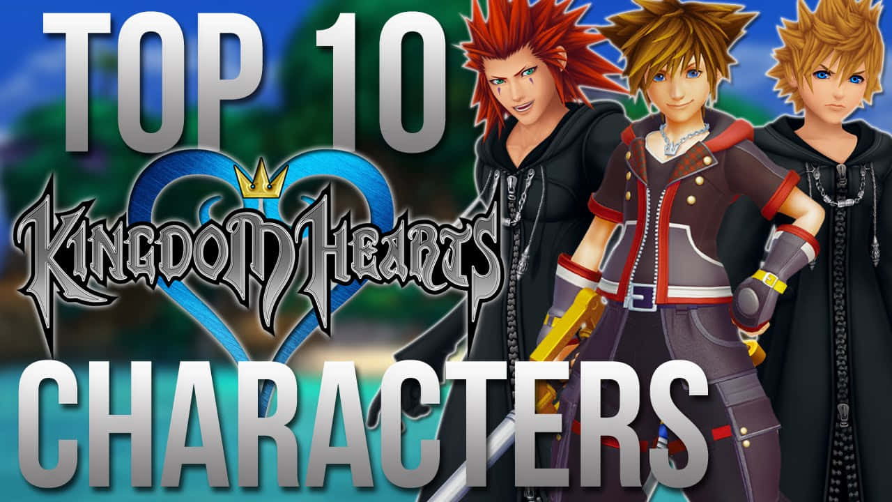 Kingdom Hearts Characters 桌布 壁紙 — 三個王國之心角色自信地站在鮮豔的背景前，並有粗體文字宣布頂級角色。