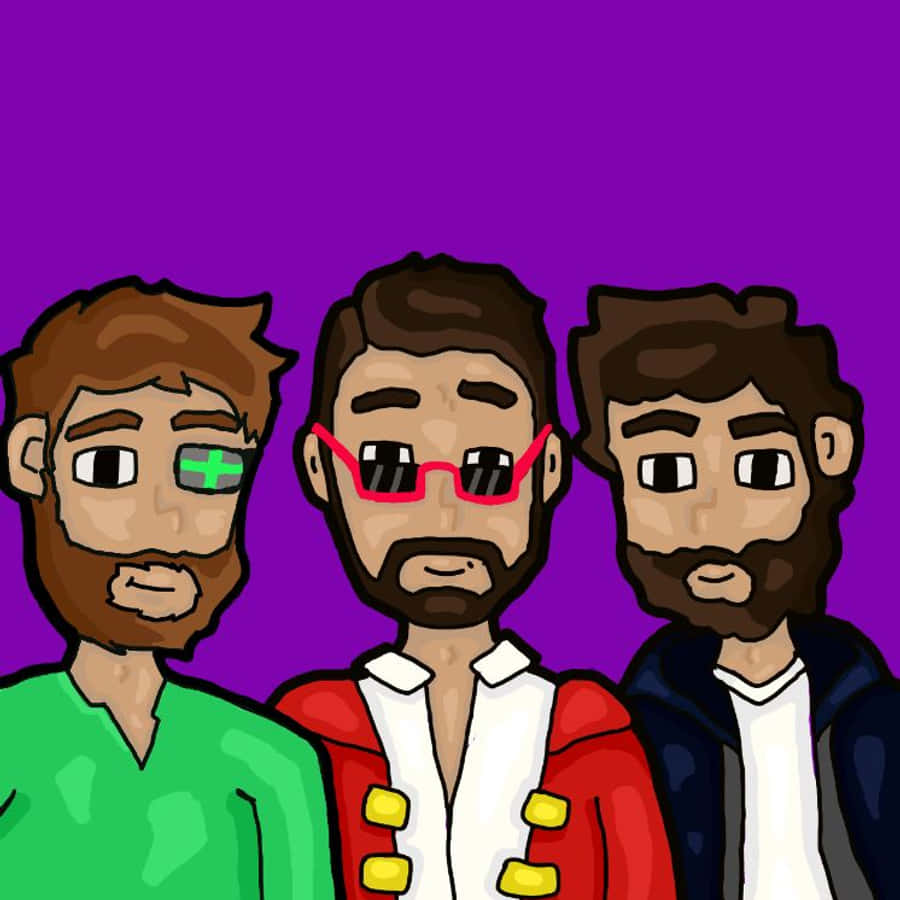 Minecraft Twitch Streamers 桌布 壁紙 — 三個留鬍鬚、戴彩色眼鏡的卡通男人站在純紫色背景前。