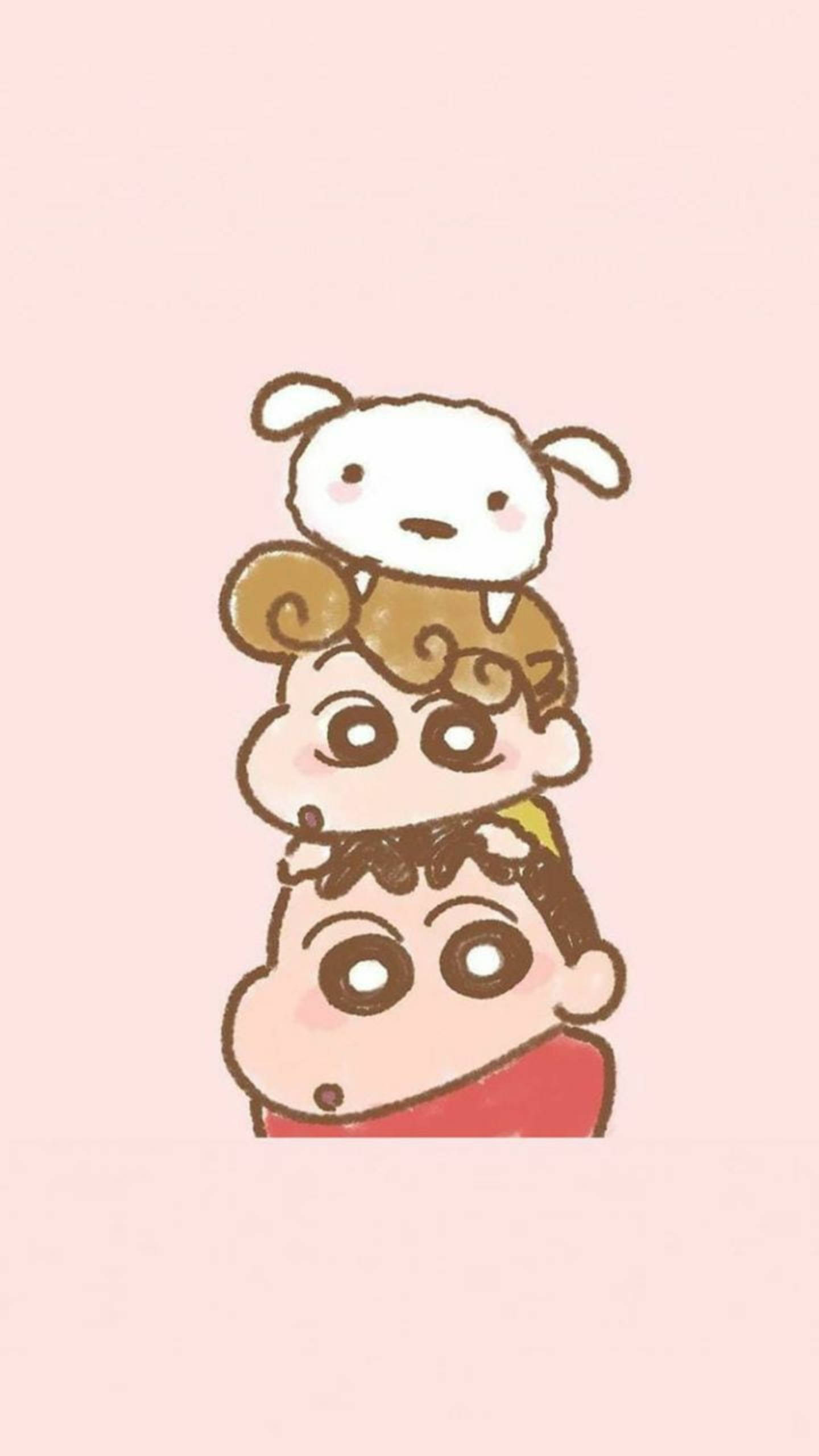 shinchan 桌布 壁紙 — 三個疊起的卡通角色，有大眼睛和柔和粉紅色背景。