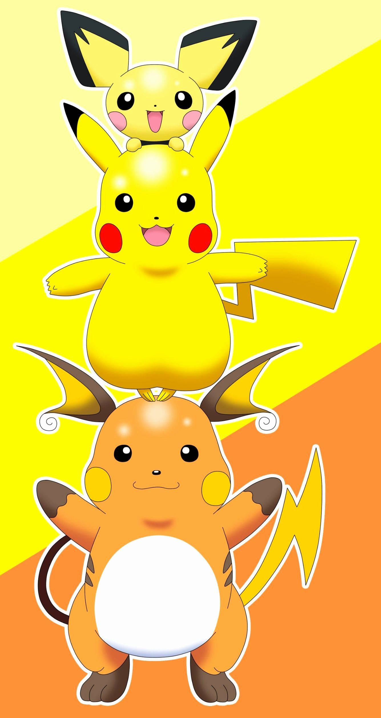 Pokemon 桌布 壁紙 — 三個疊起的比卡超和比超角色，以鮮黃色和橙色呈現，背景為漸變色。