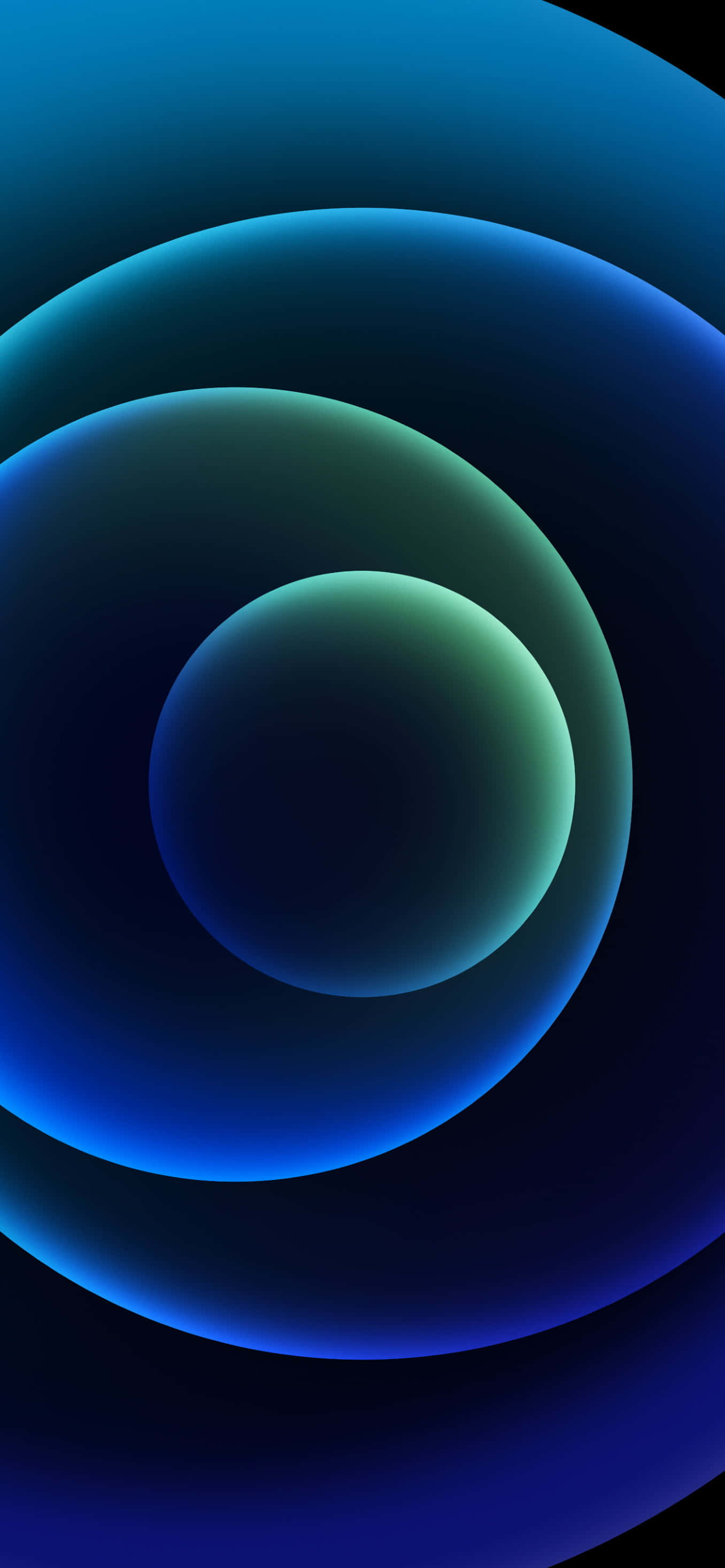 iOS 14 桌布 壁紙 — 三個發光半透明球體，帶有藍色和綠色漸變，漂浮在深邃的宇宙黑色背景上。