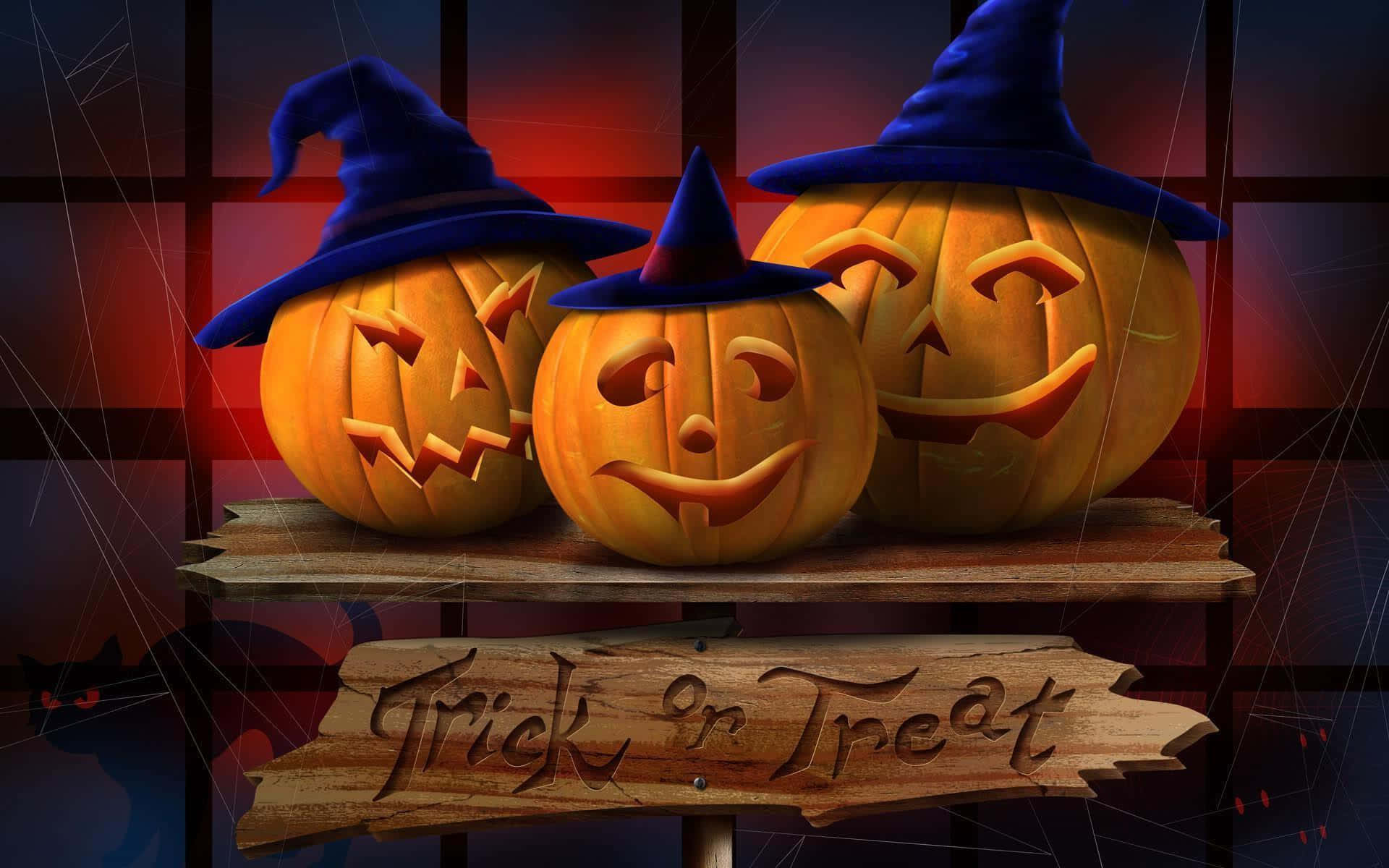 3d Halloween 桌布 壁紙 — 三個發光的傑克南瓜燈戴着藍色巫婆帽，坐在一個寫着「Trick or Treat」的木牌上，背景是深紅色的窗格。