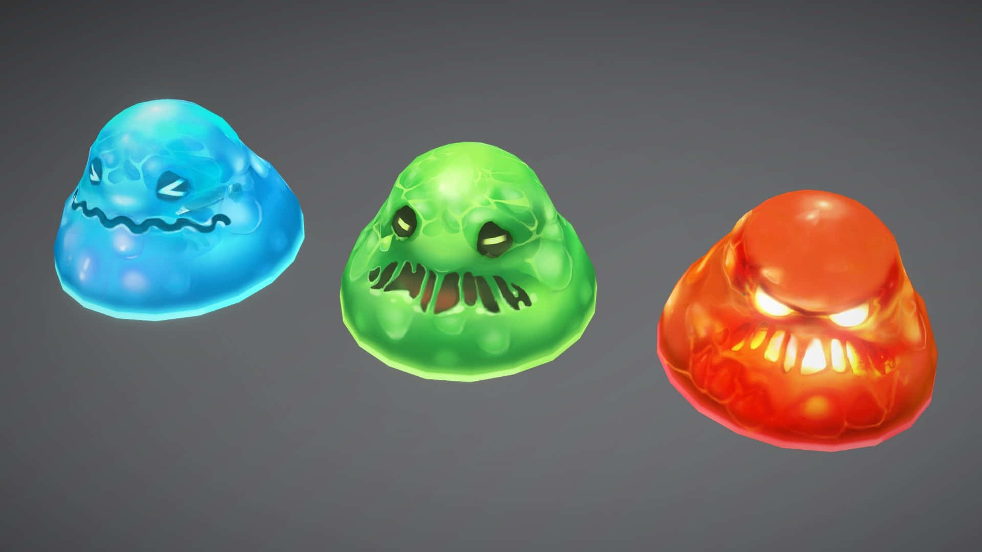 Halloween Slime 桌布 壁紙 — 三個發光的凝膠狀怪物，帶有憤怒的臉孔，分別是藍色、綠色和紅色，背景為灰色。